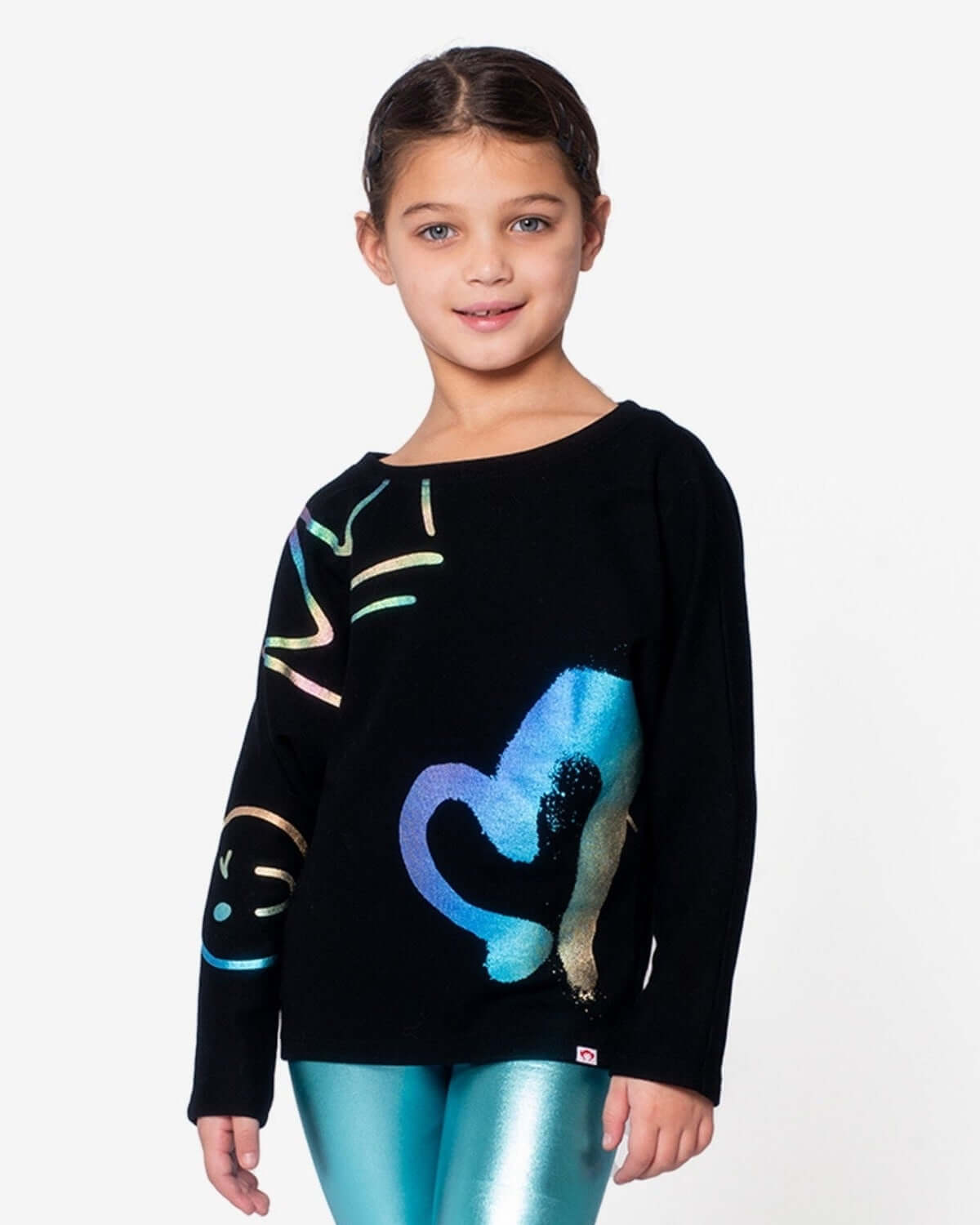 Chic Graffiti Slouchy Sweatshirt in black, perfect for stylish kids, featuring vibrant heart and smiley prints.
