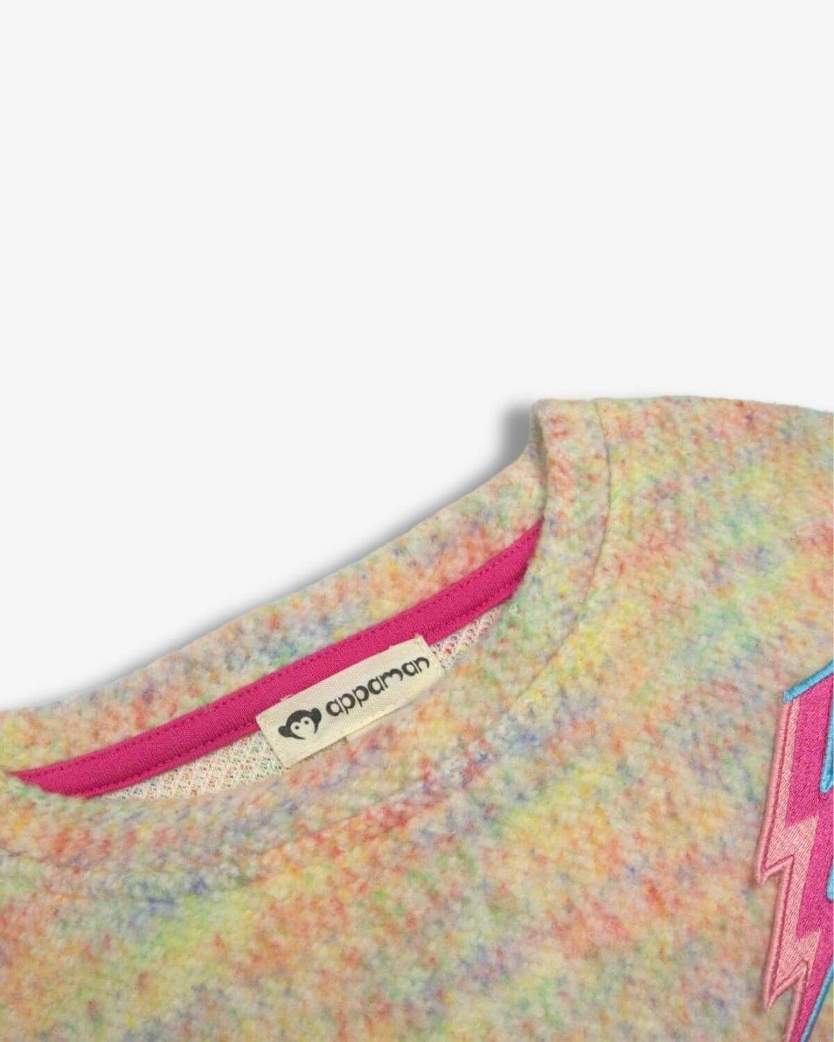 Close-up of Appaman's Lightning Bolt Ruby Sweatshirt, featuring playful colors and a stylish embroidered lightning bolt.