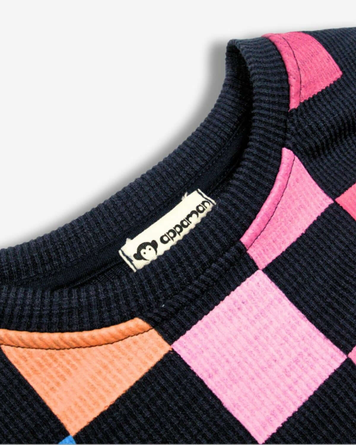 Navy Checkerboard Ruby Sweatshirt collar detail, stylish kid's clothes for back to school, high-quality and fun!