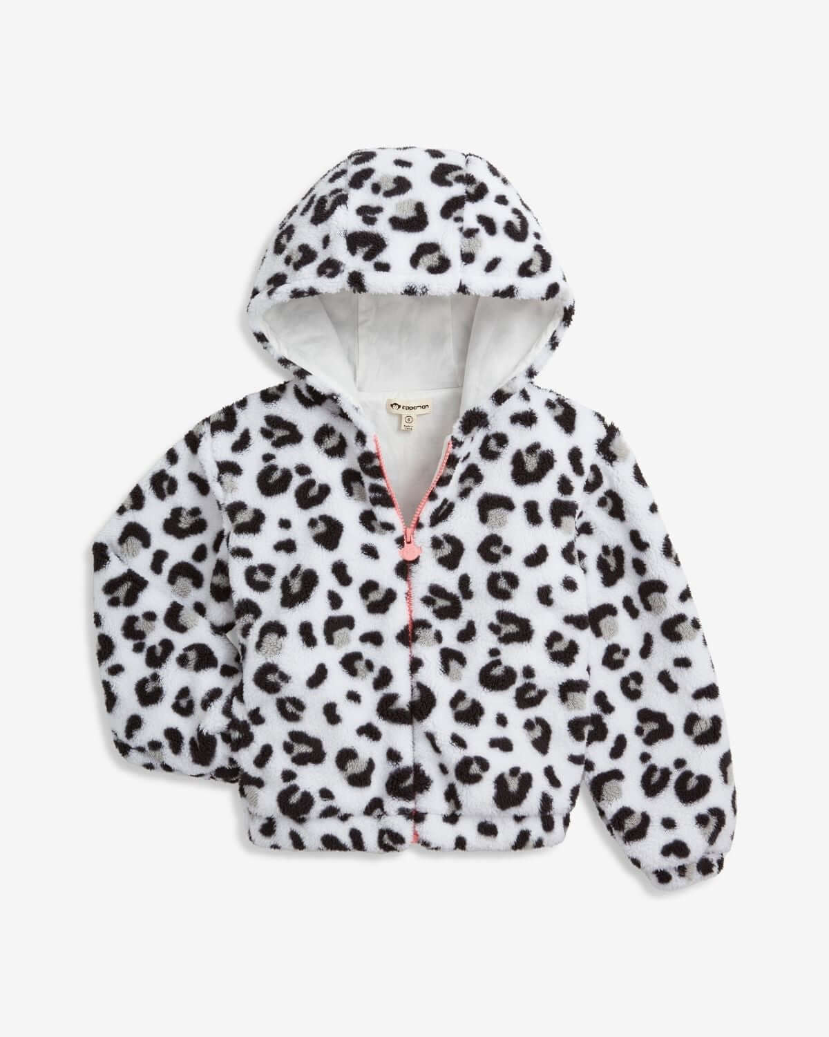 Cozy grey leopard jacket for girls with a pink zipper, perfect for playful adventures in stylish kids clothes.