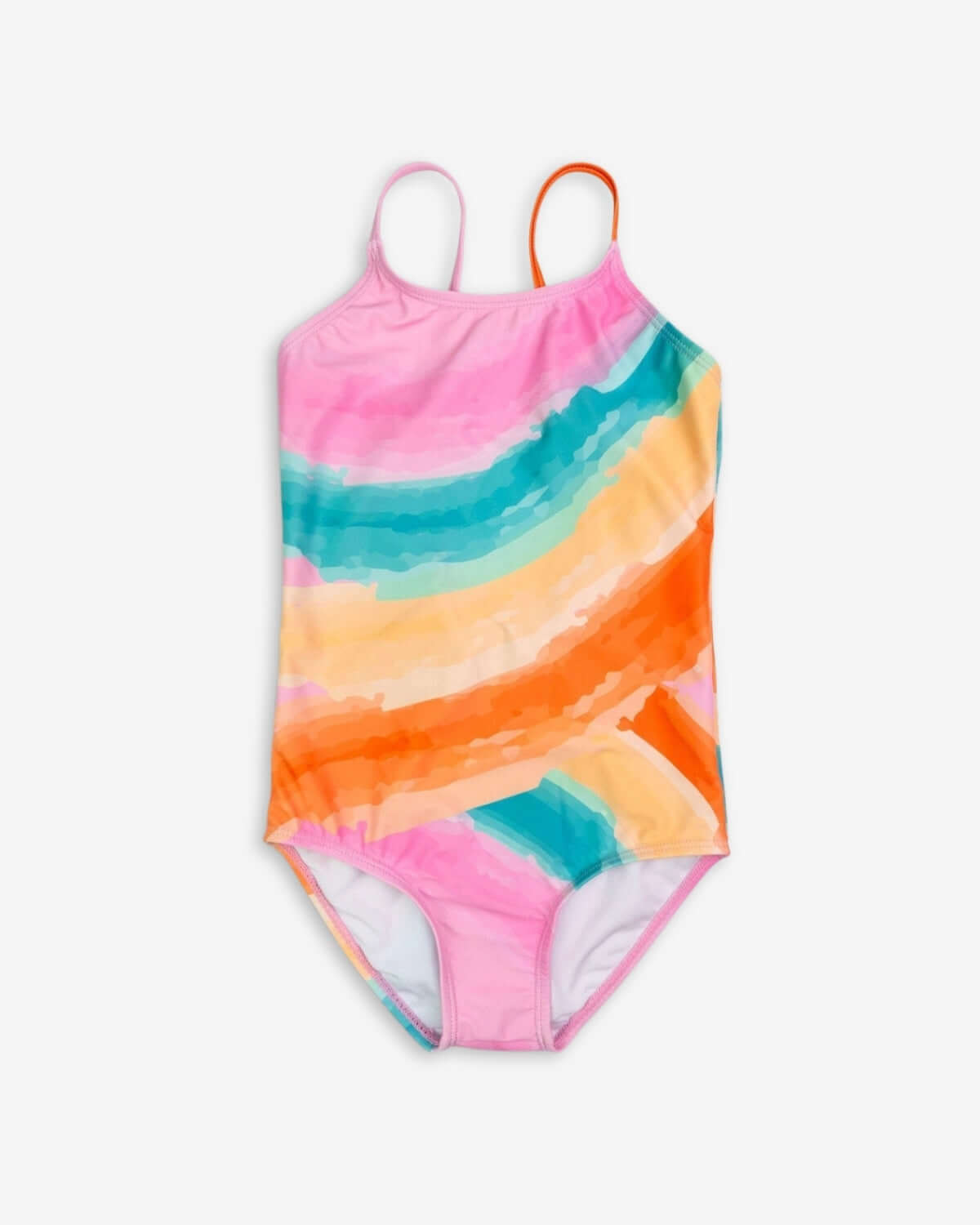 Vibrant brushstroke patterned pink one-piece swimsuit for kids, perfect for splashy summer adventures!