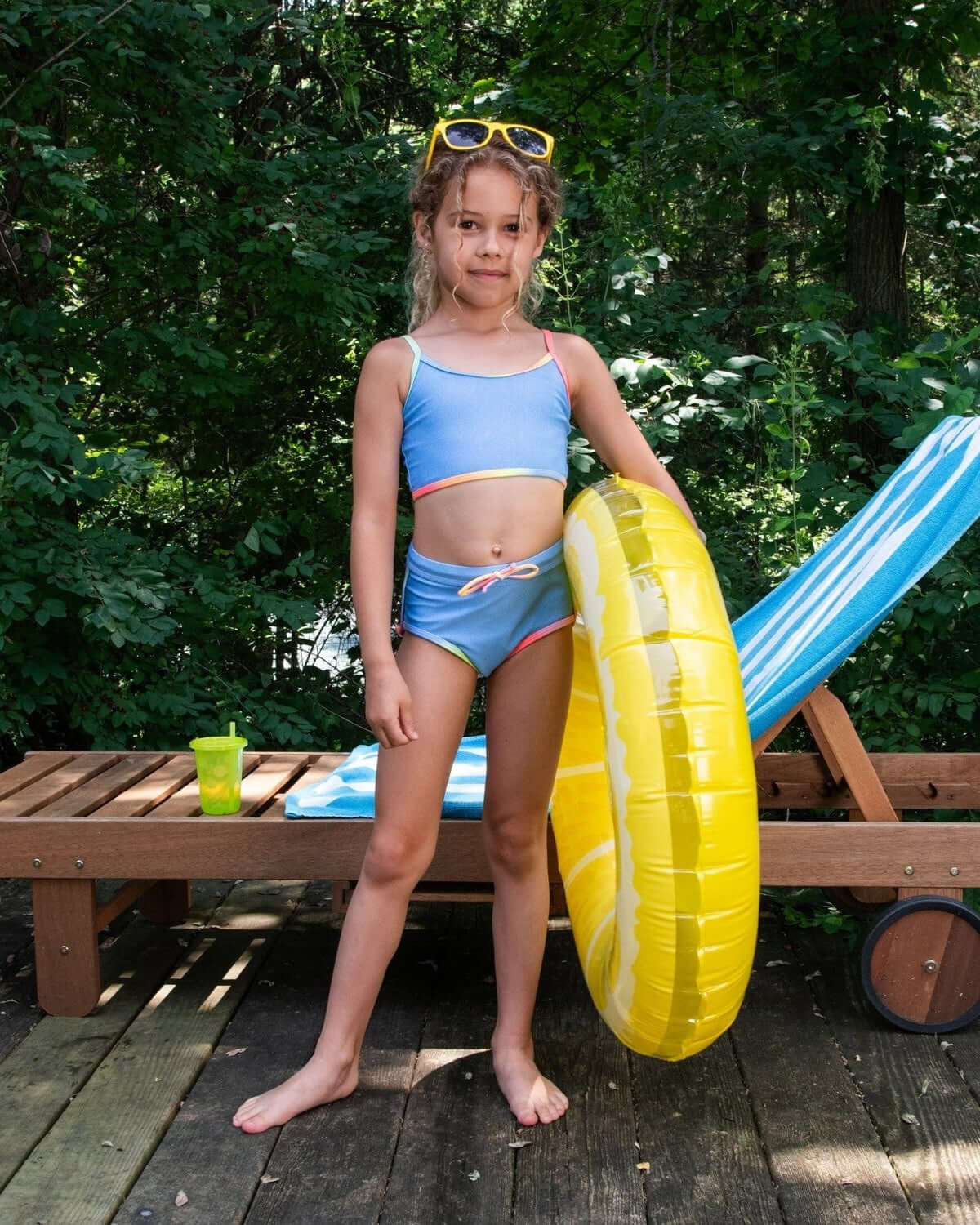 Kids splash into summer fun in the Digital Denim Stella Bikini—high-waisted, stylish, and ready for adventure!