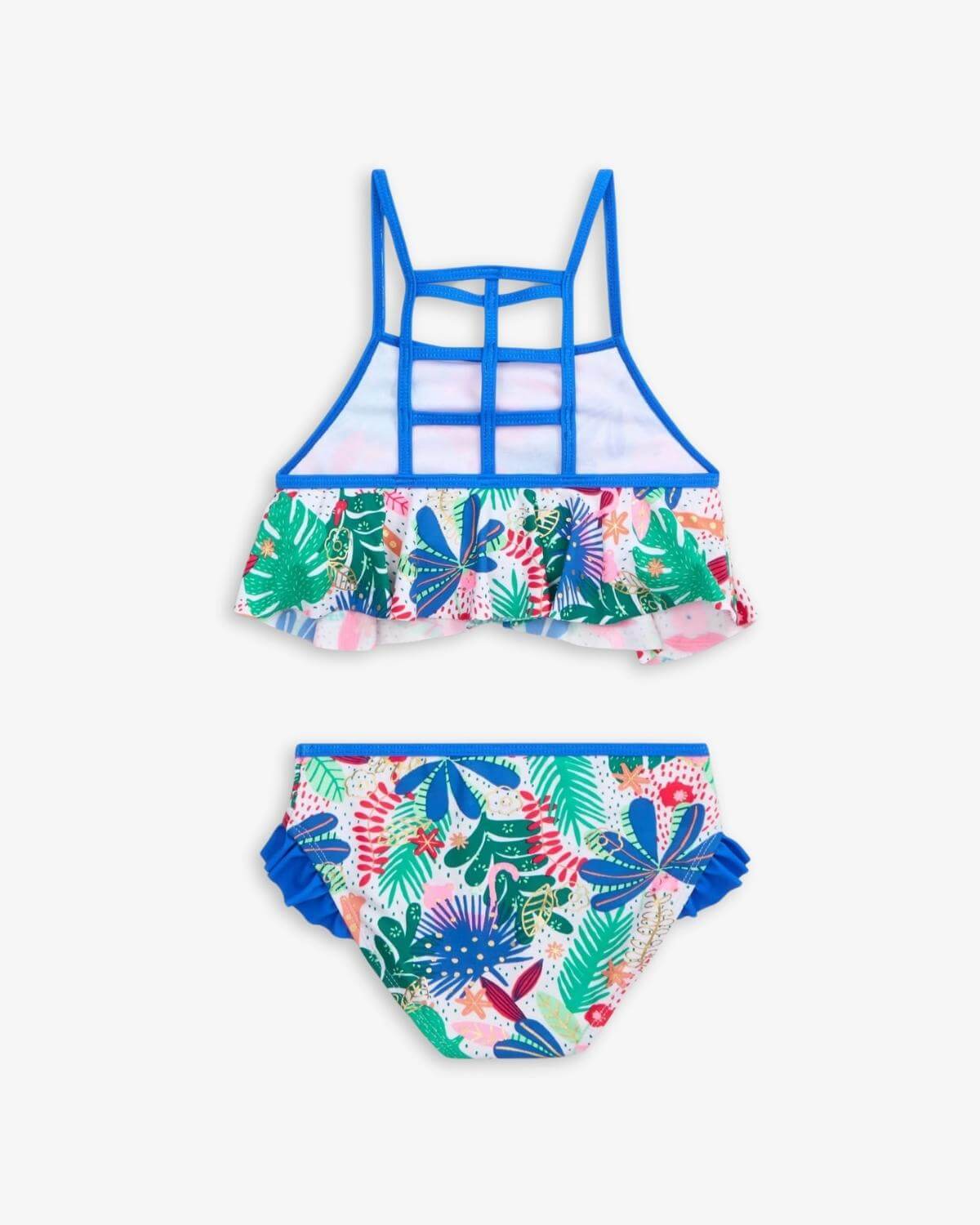 Floral Garden Hermosa Bikini Set with vibrant floral patterns and blue details for girls' summer swimwear.