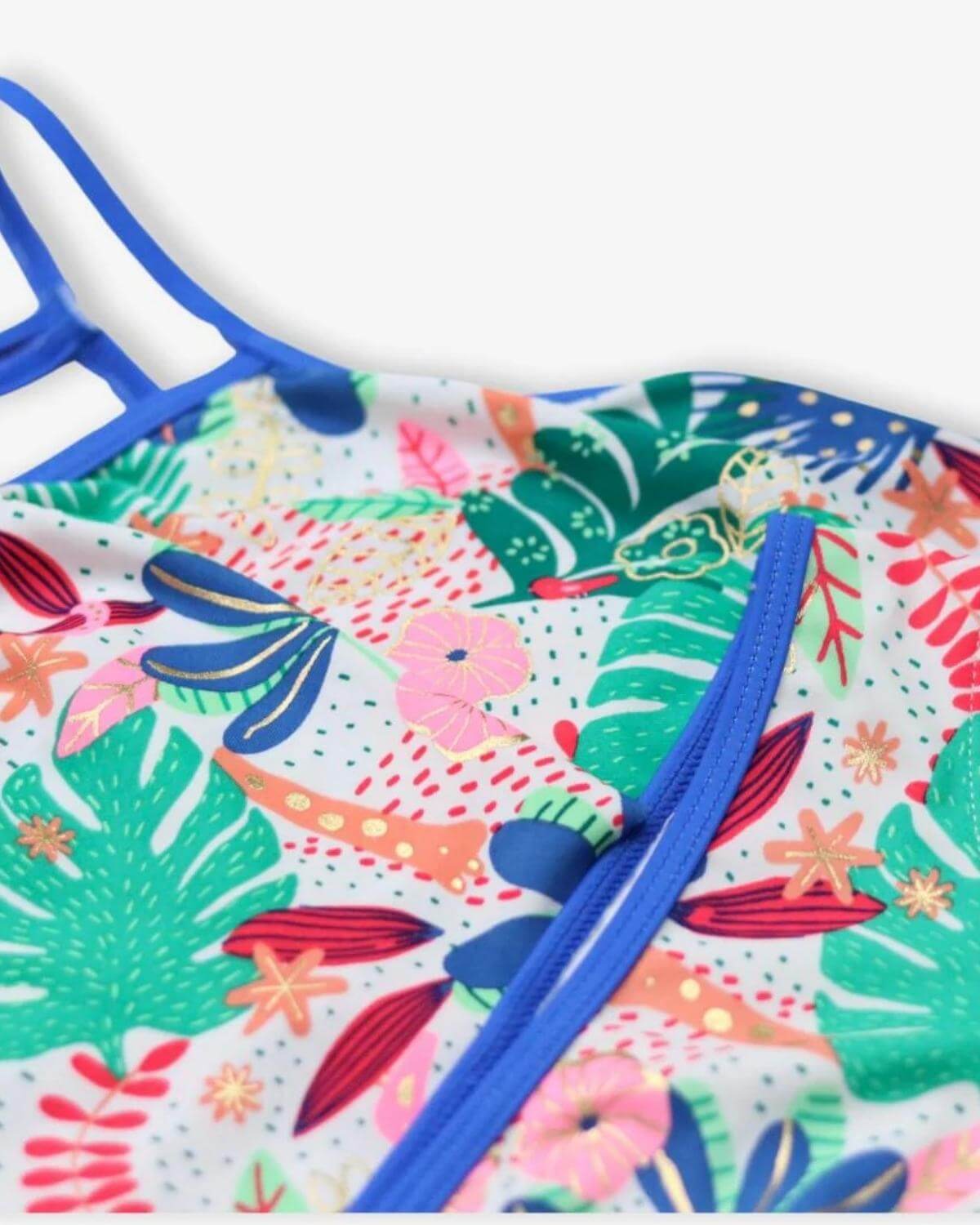 Vibrant floral bikini top with playful ruffles, ideal for summer fun in kids clothes. Dive into delightful beach days!