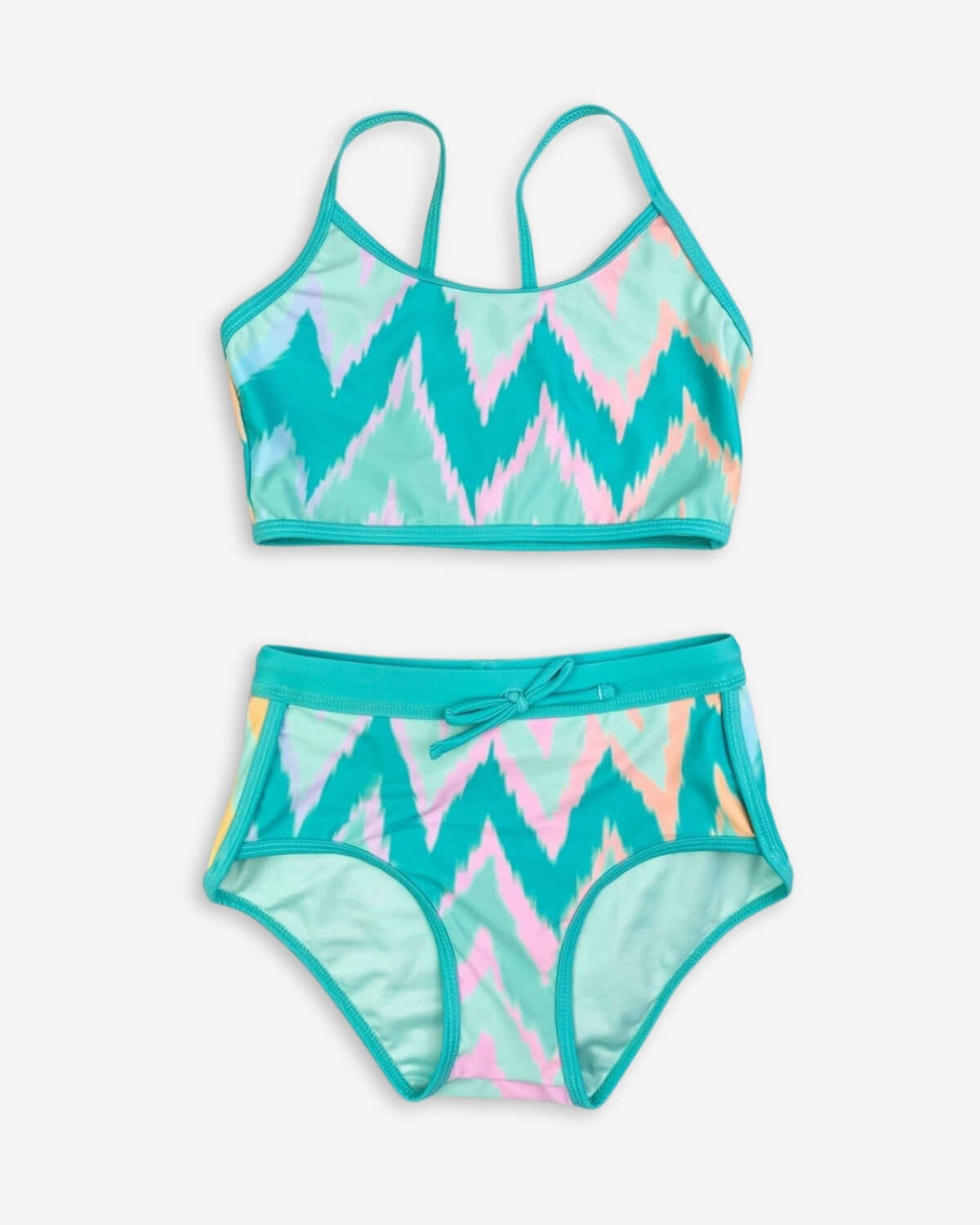 Ikat Stella Bikini set for kids in vibrant seafoam and pink zigzag design, perfect for stylish summer fun!