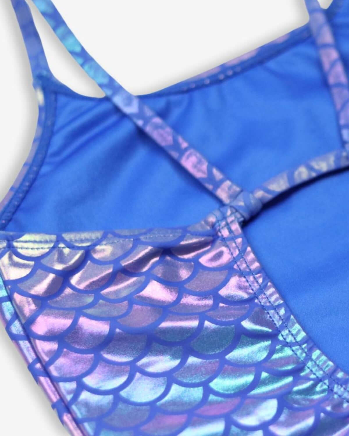 Iridescent Mermaid Taylor Swimsuit close-up showing shimmering scales and blue fabric.