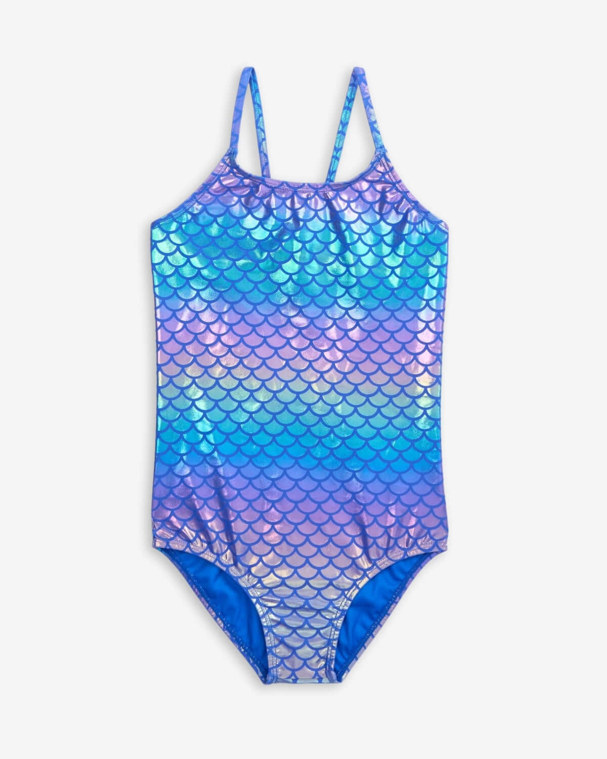 Iridescent mermaid swimsuit for kids, shimmering scales in blue—stylish and comfy for summer adventures!