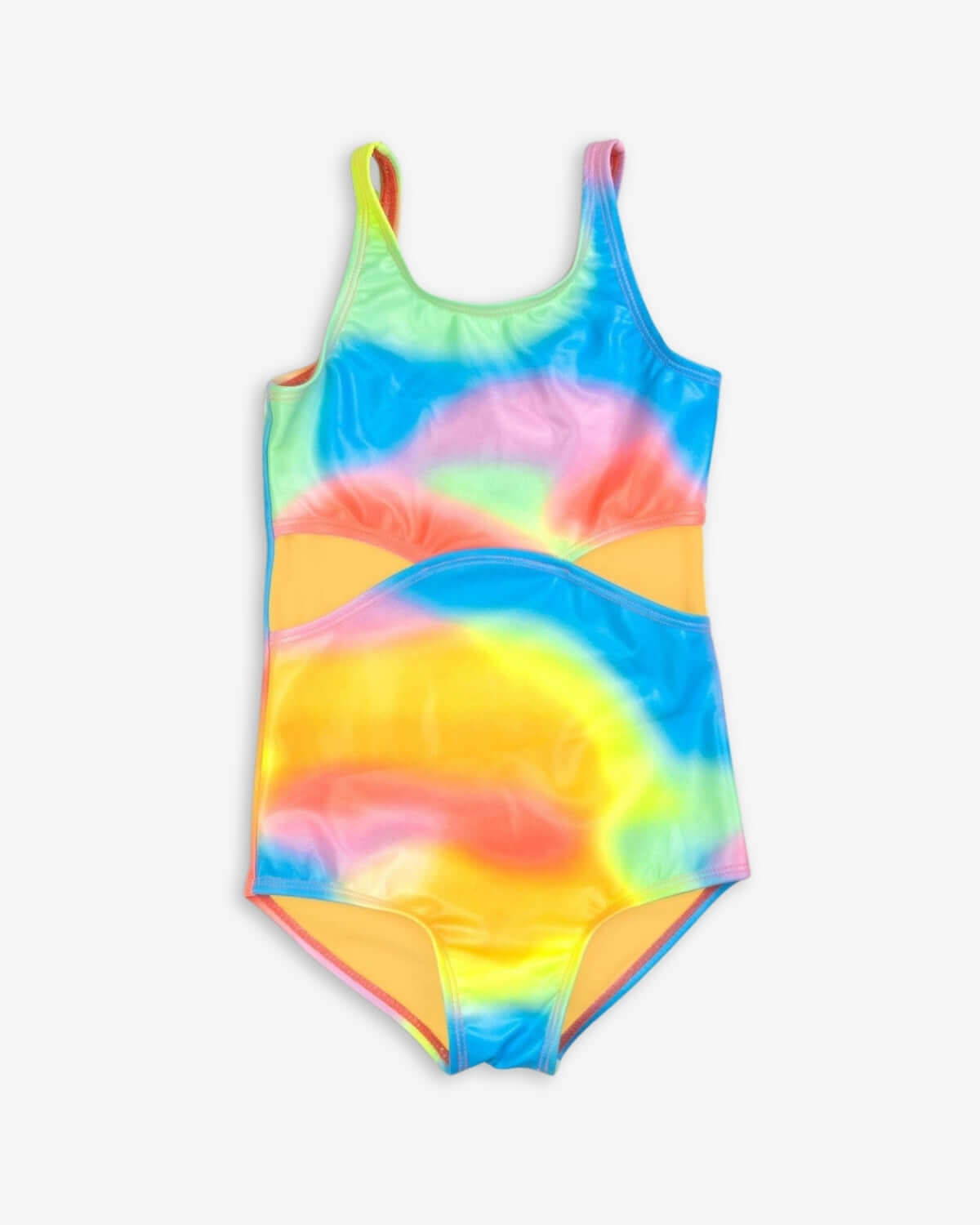 Shiny multi-color one-piece swimsuit for girls, perfect for summer fun with UPF 50+ sun protection!