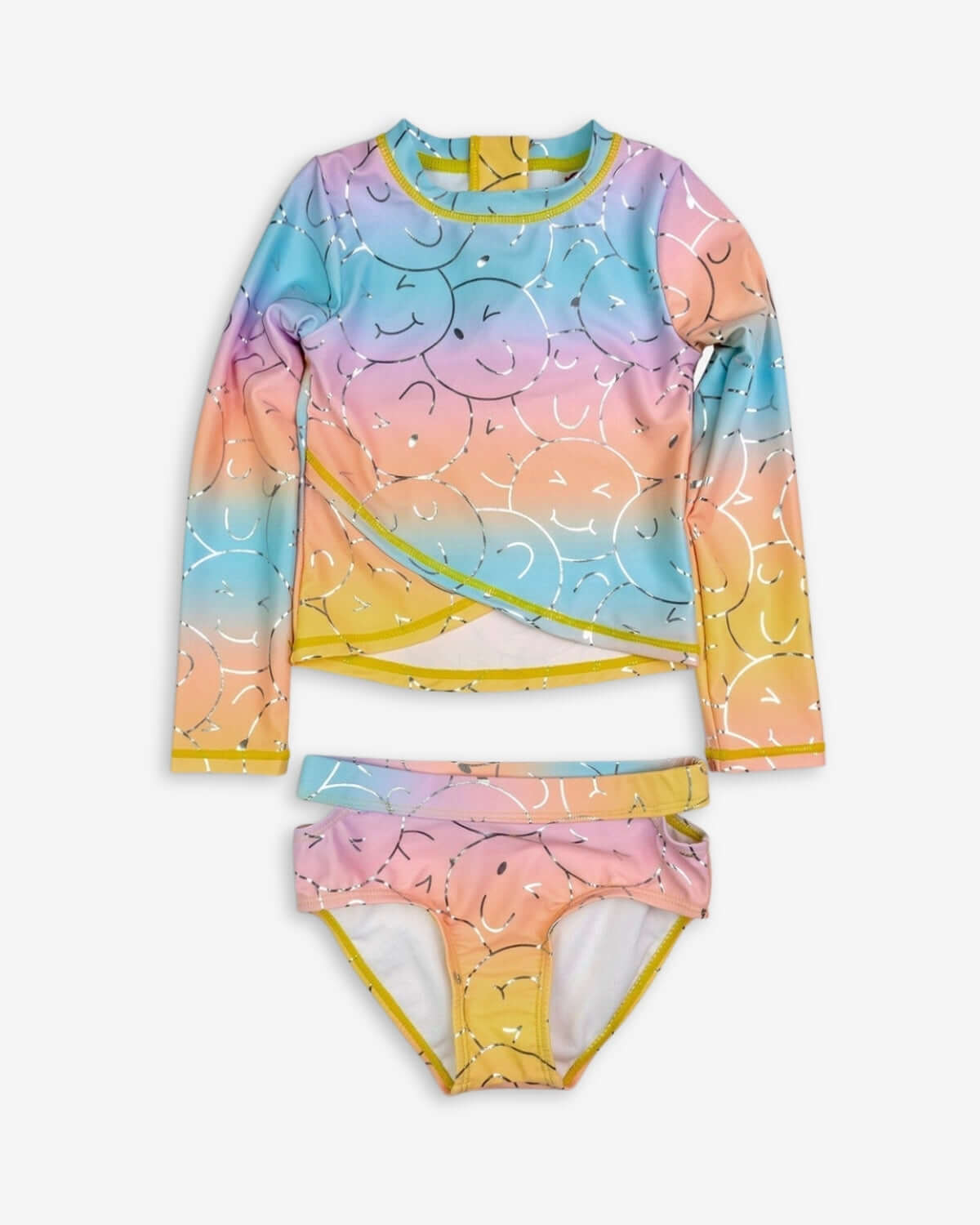 Bright multicolored kids bikini set with winking smiley faces, perfect for fun summer days by the pool.