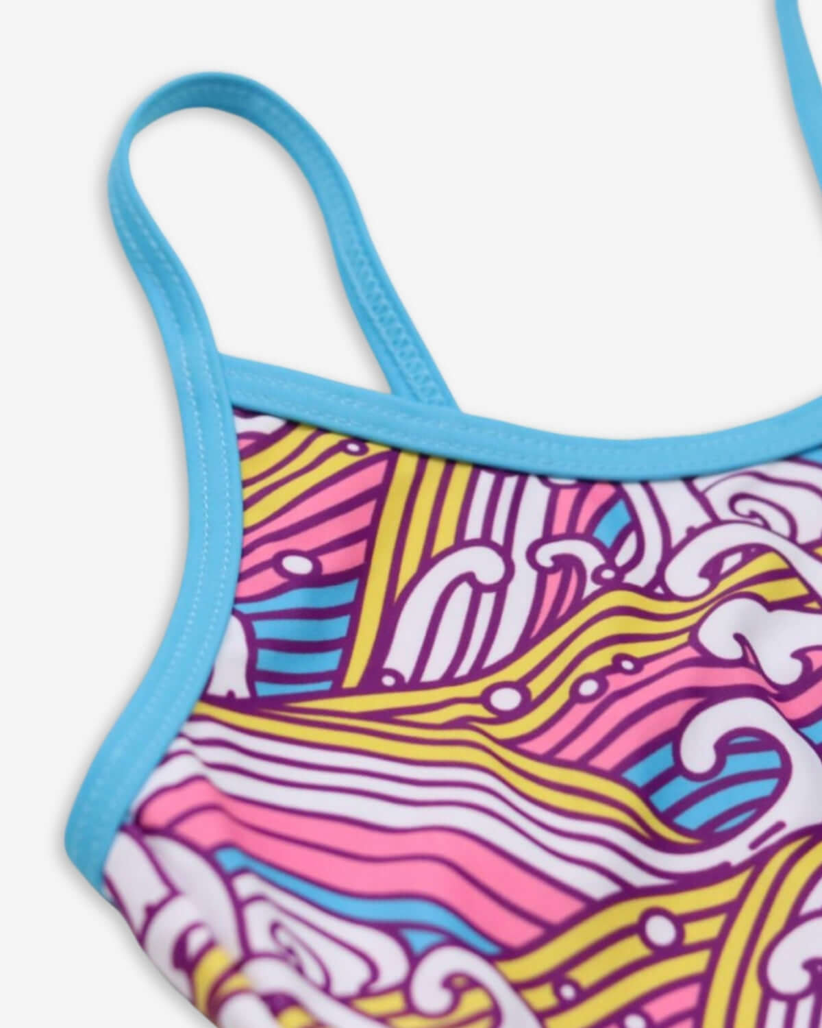 Vibrant close-up of Waves Stella Bikini showcasing colorful, playful wave patterns, perfect for summer adventures!