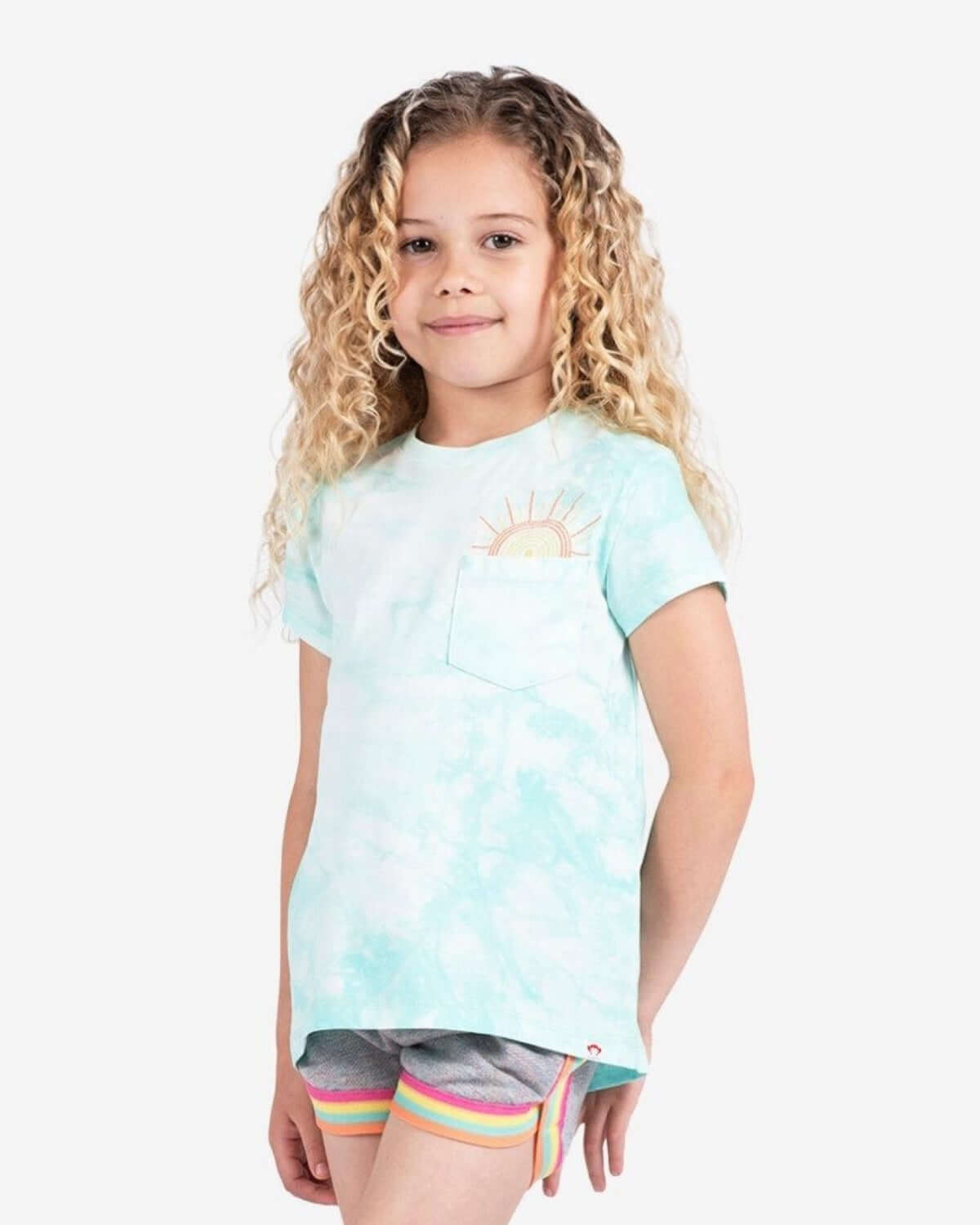Sunny Aqua Cloud Pocket Tee for girls, a fun pick for playful adventures and stylish back-to-school days.