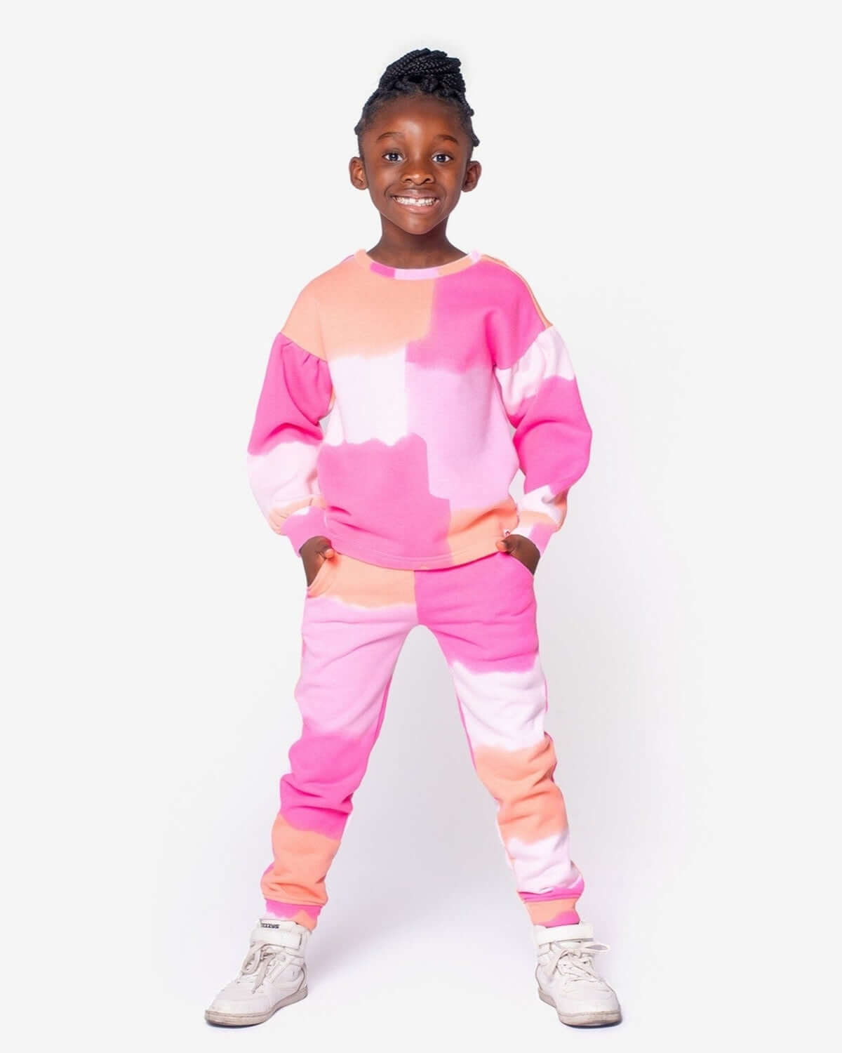 Bright and playful Color Block Sofia Top paired with comfy joggers, perfect for stylish kids ready for school.