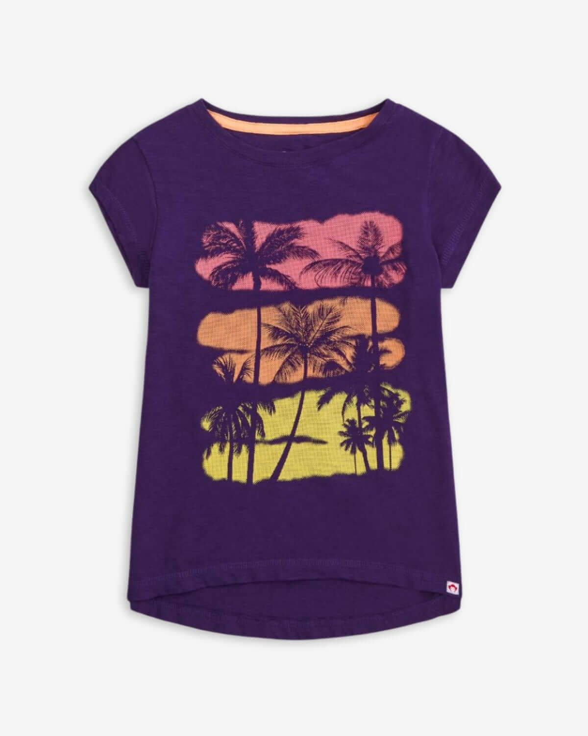 Dark violet short-sleeve tee with vibrant palm tree sunset design—fun for kids' adventures in high-quality comfort!