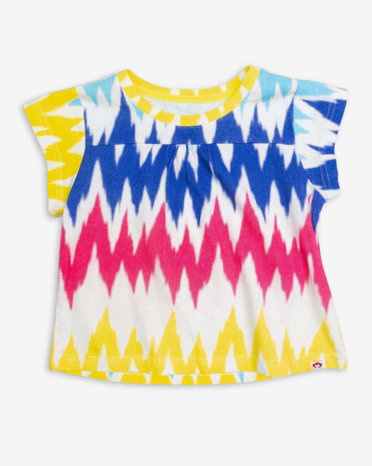 Brightly colored Ikat Elsa Tee for kids, featuring a fun chevron pattern in pink, blue, and yellow. High-quality and stylish!
