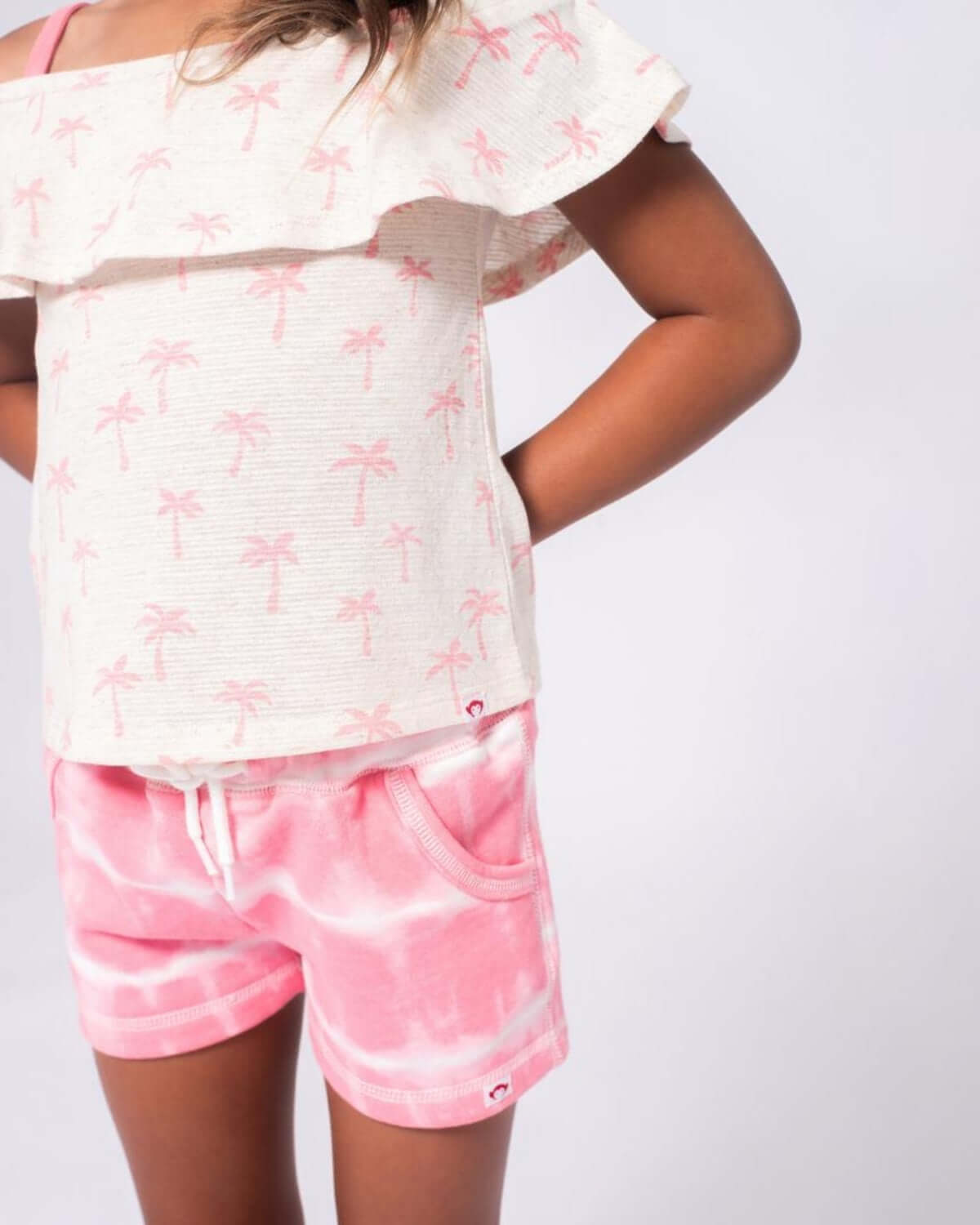 Girls' Palms Avila Tank with pink palm print and stylish shorts, perfect for fun summer adventures.
