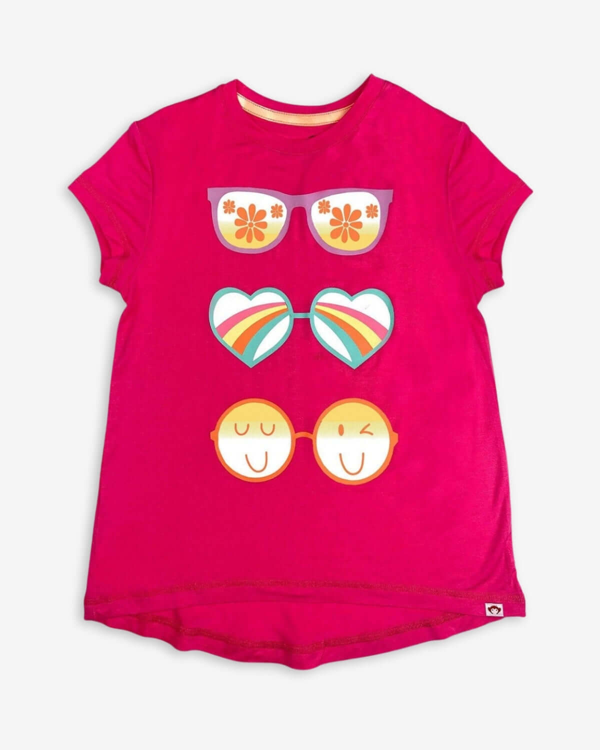 Playful hot pink tee with fun sunglass emojis for stylish kids' outfits this spring.