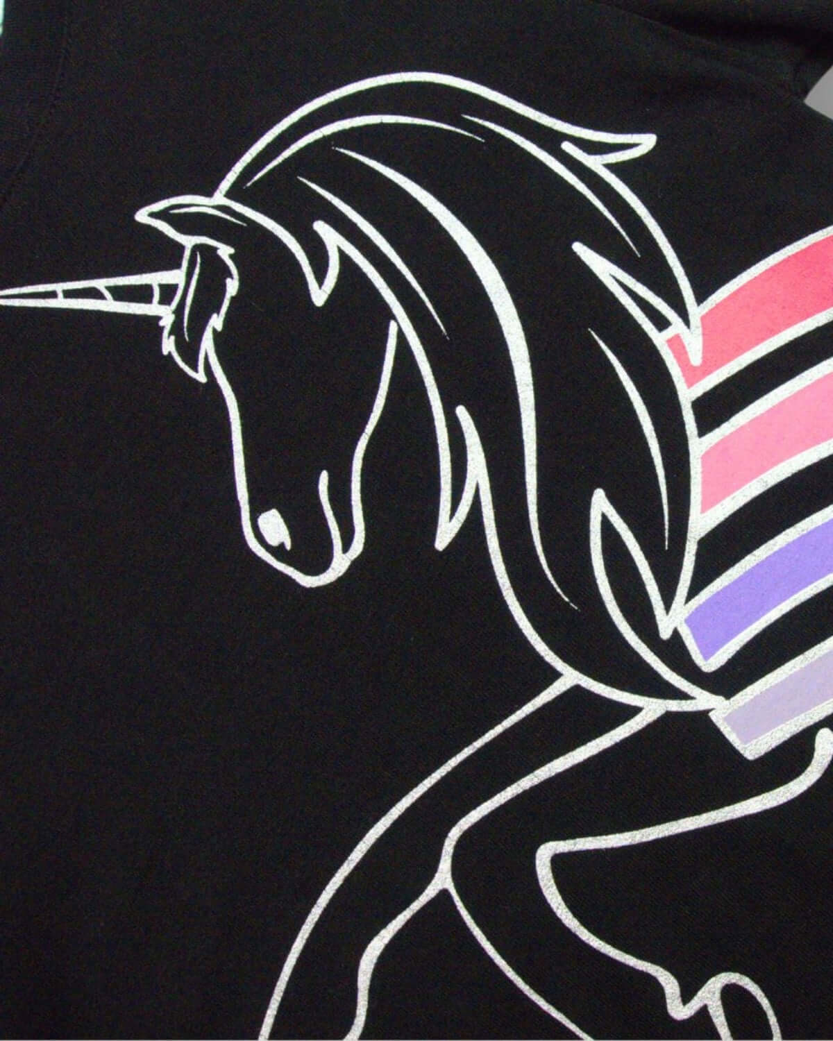 Charming unicorn graphic on the Rainbow Unicorn Elara Tee, adding a whimsical touch to kids' wardrobes.