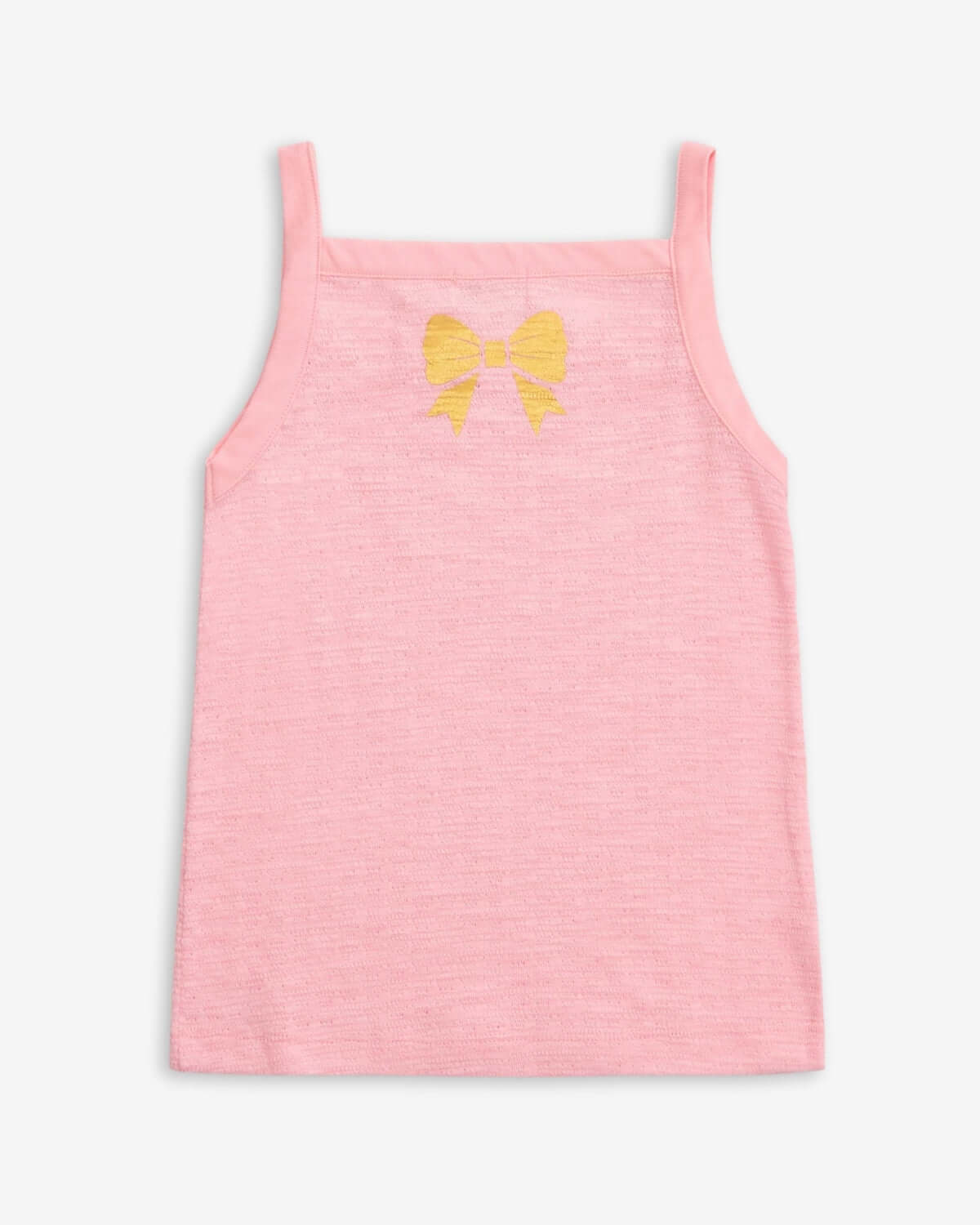 Soft pink girls tank top featuring a playful gold bow, stylish and versatile for back-to-school adventures.