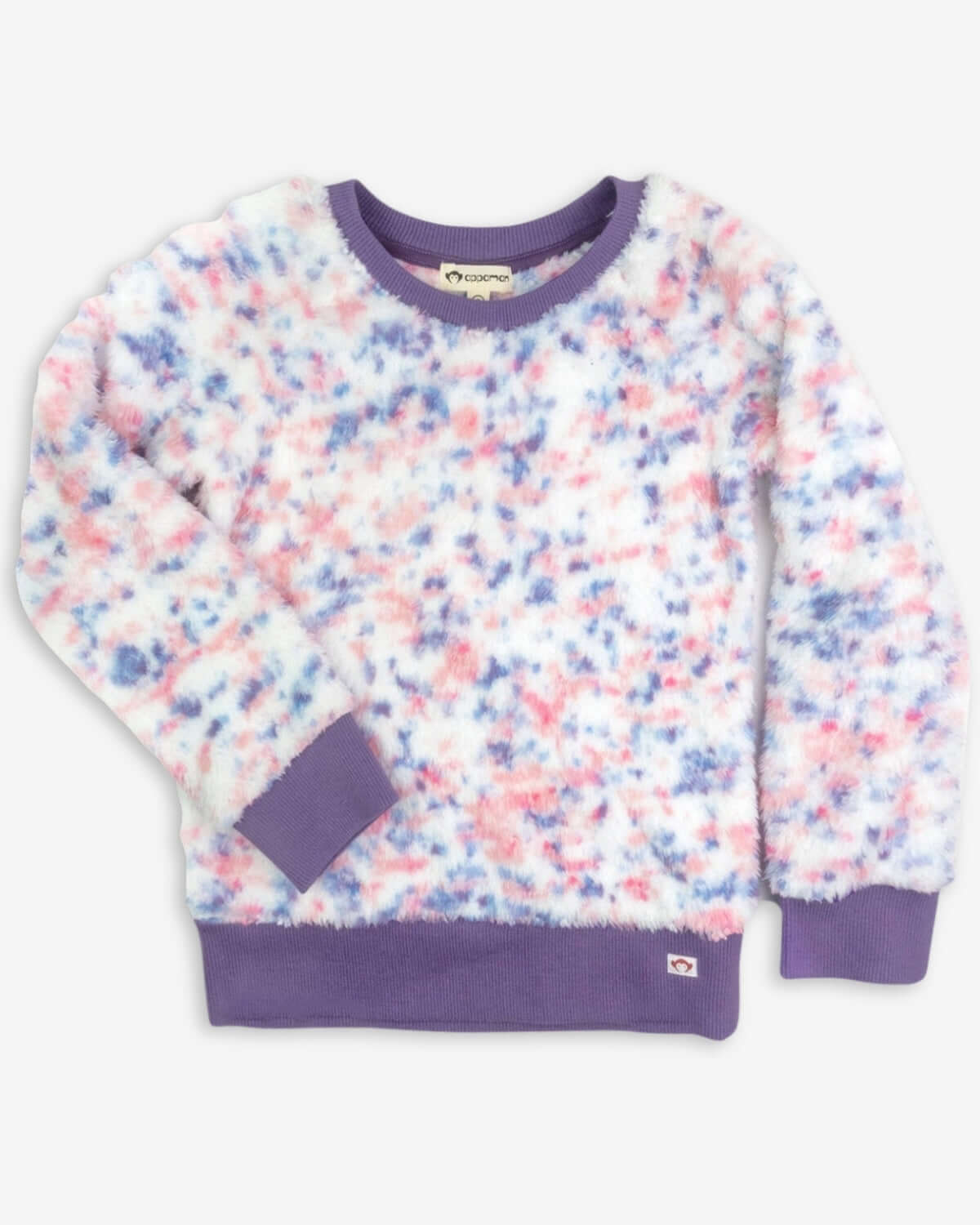 Cozy speckled cloud sweater for kids, featuring fluffy texture and fun lavender cuffs—stylish & playful wardrobe essential!
