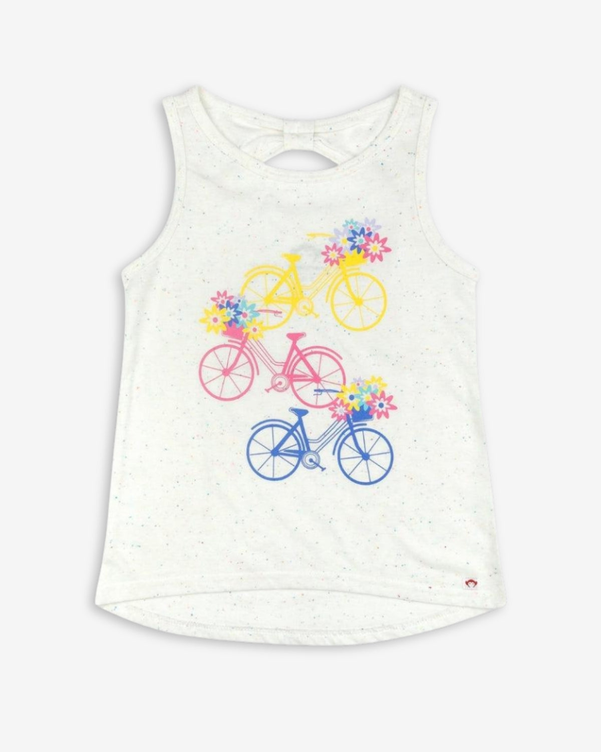 Speckled white tank with colorful bicycle print; a fun choice for kids' stylish summer adventures!