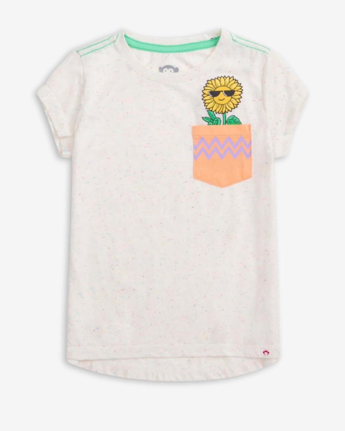 Cheery speckled white pocket tee with sunflower design, perfect for stylish kids clothes this back-to-school season!