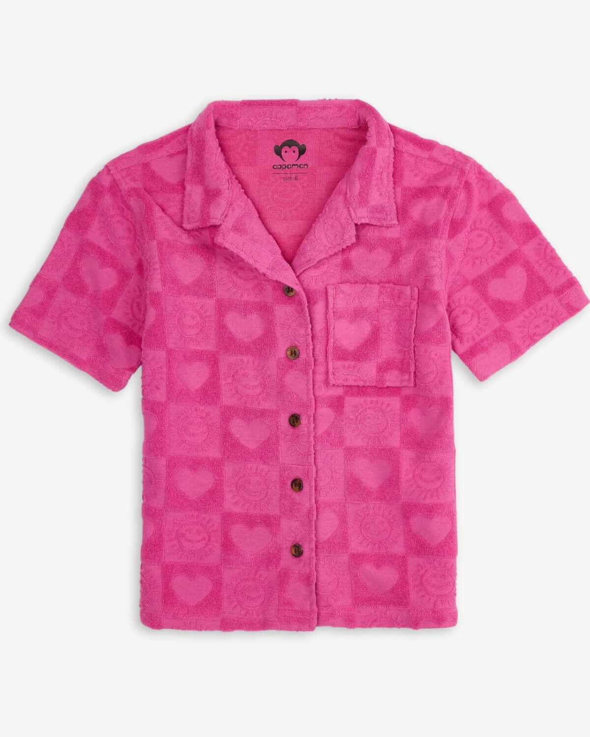 Vibrant pink kids resort shirt with heart patterns, perfect for sunny adventures and stylish outings! High-quality kids clothes.