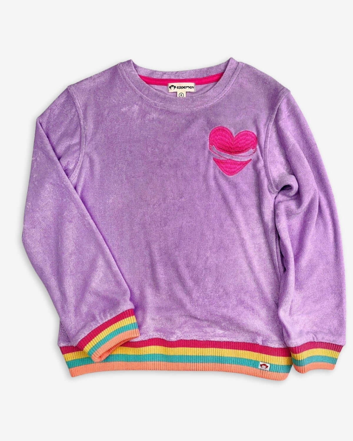 Sweet Lavender Ruby Sweatshirt with rainbow trim and heart patch, ideal for stylish and comfy kids clothes.