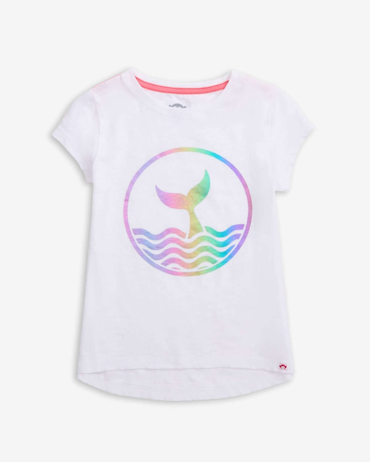 White Circle Tee featuring a colorful mermaid tail design on a white background, perfect for summer adventures.
