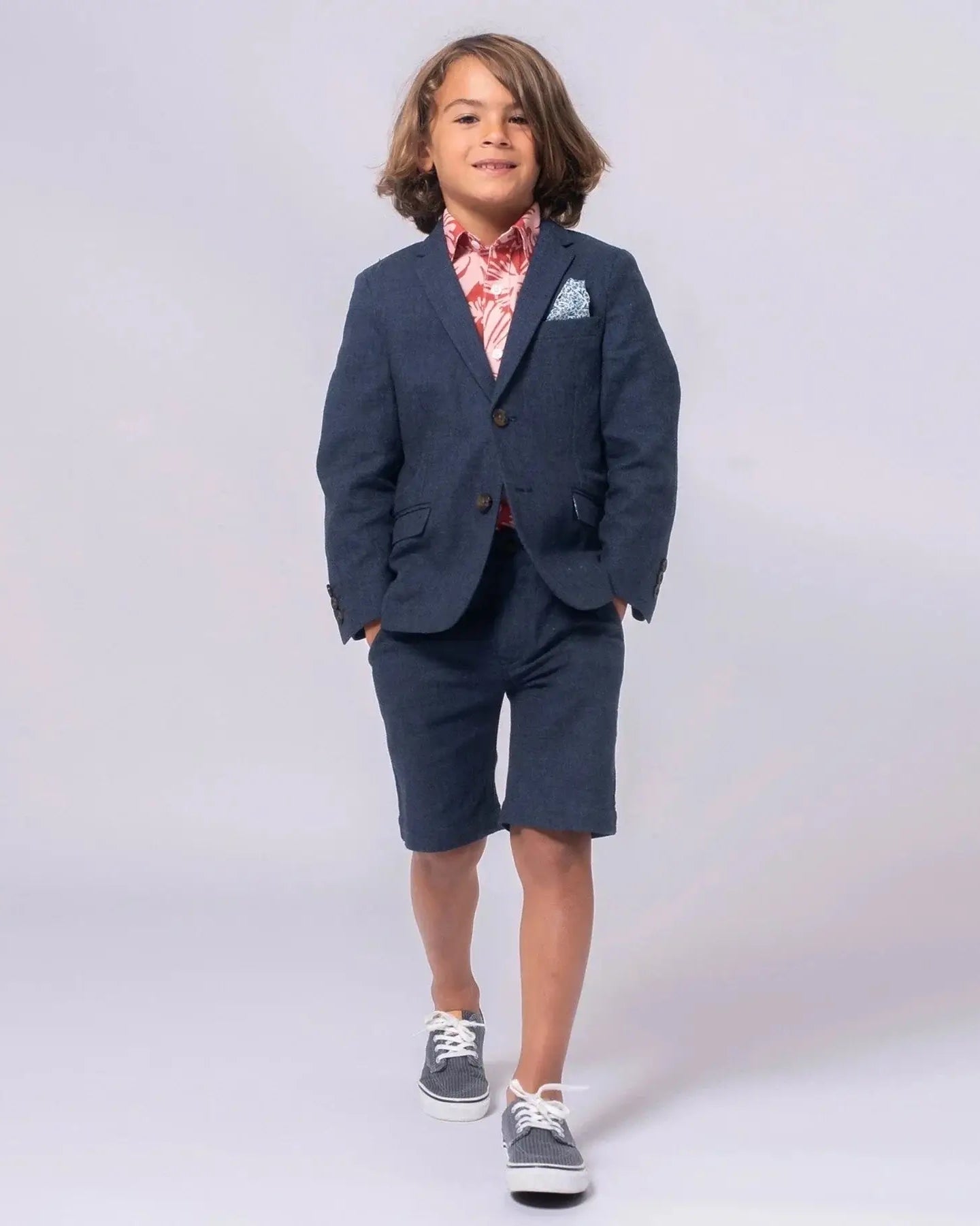 Stylish kid rocking the Blue Nights Linen Trouser Shorts Suit—perfect for summer fun and back to school flair!