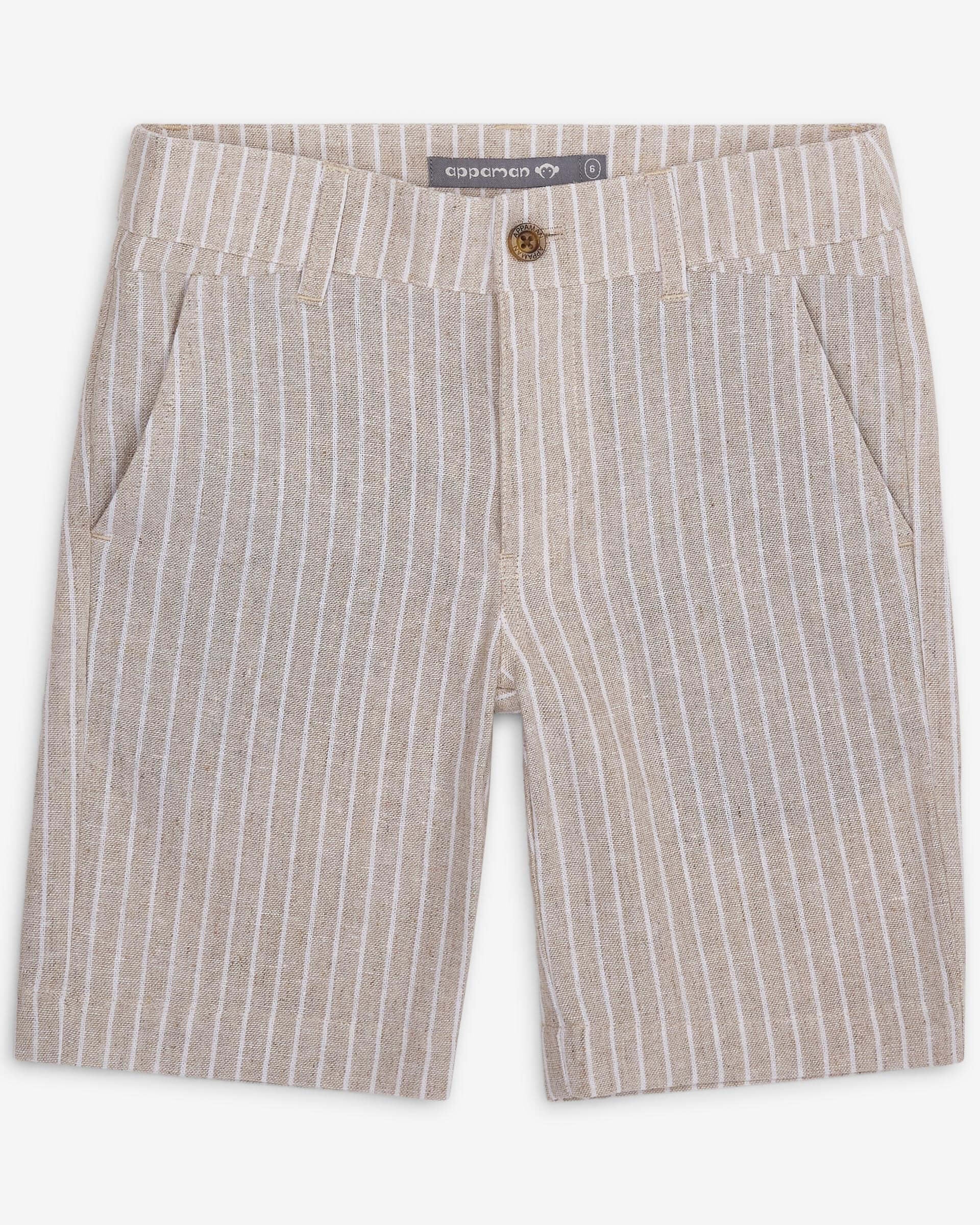 Stylish boys' linen trouser shorts in a sand stripe pattern—perfect for back-to-school and warm-weather fun!