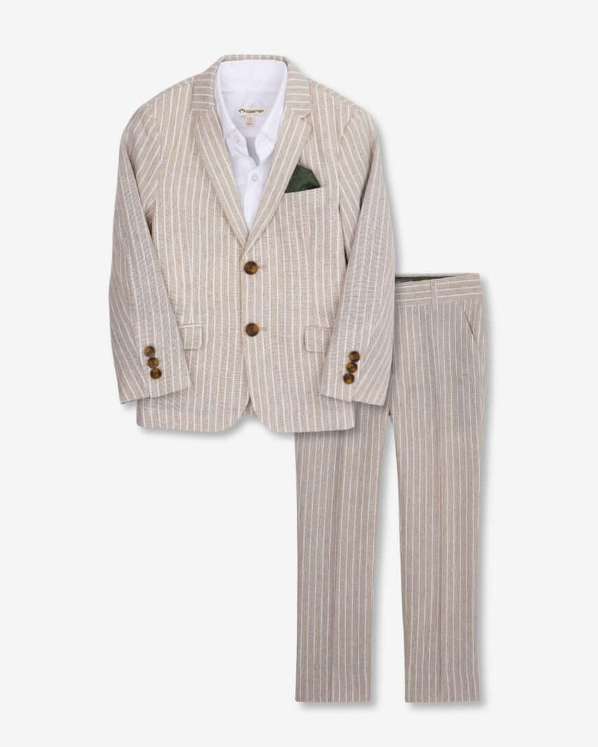 Stylish kids linen suit in sand stripe with matching pants—ideal for warm days and special moments!
