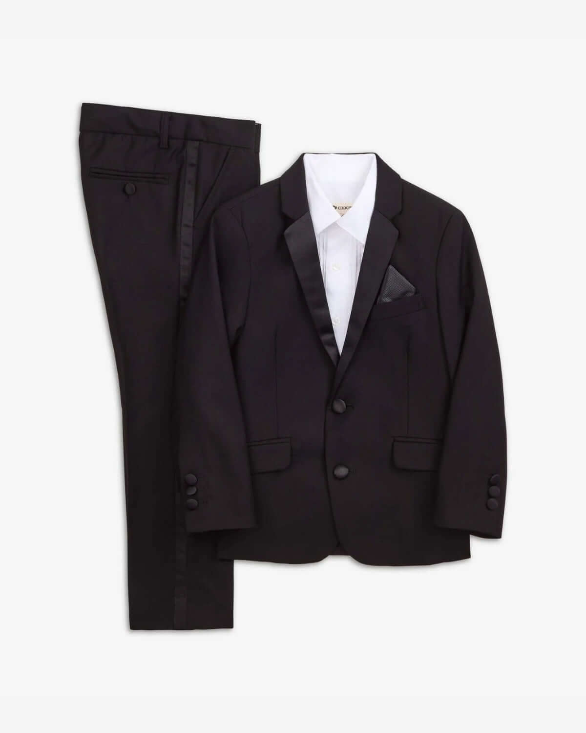 Tuxedo Suit Bundle 3-Piece Set featuring sleek tuxedo jacket, dress shirt, and tailored pants for formal occasions.
