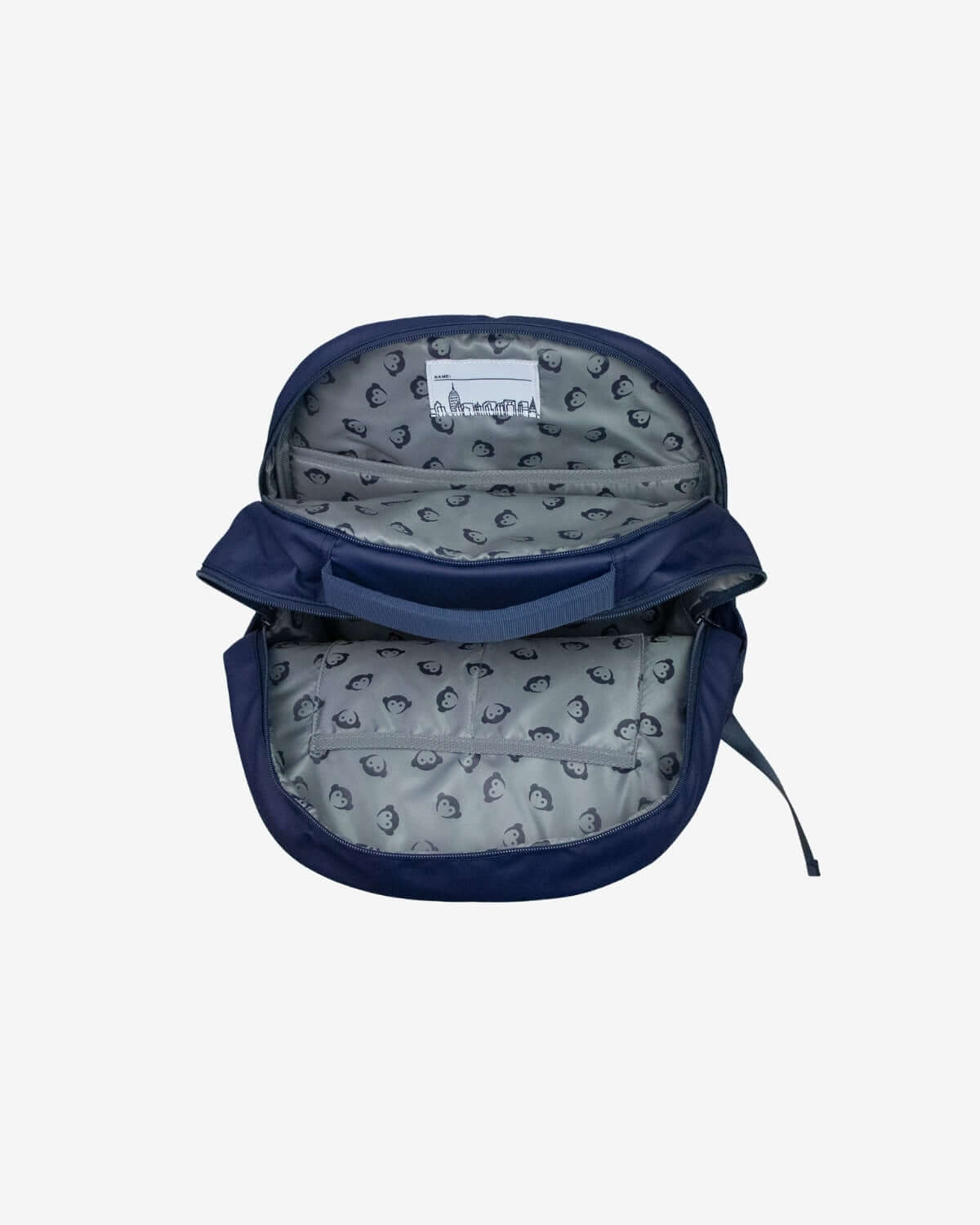 Open blue backpack with gray interior on a white background