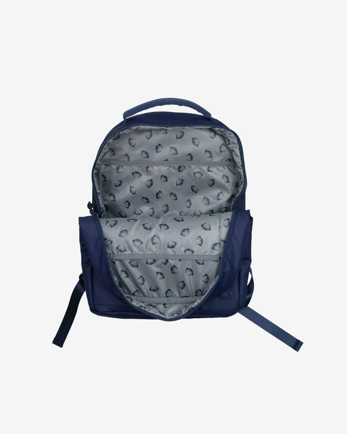 Navy blue backpack with gray interior on a white background