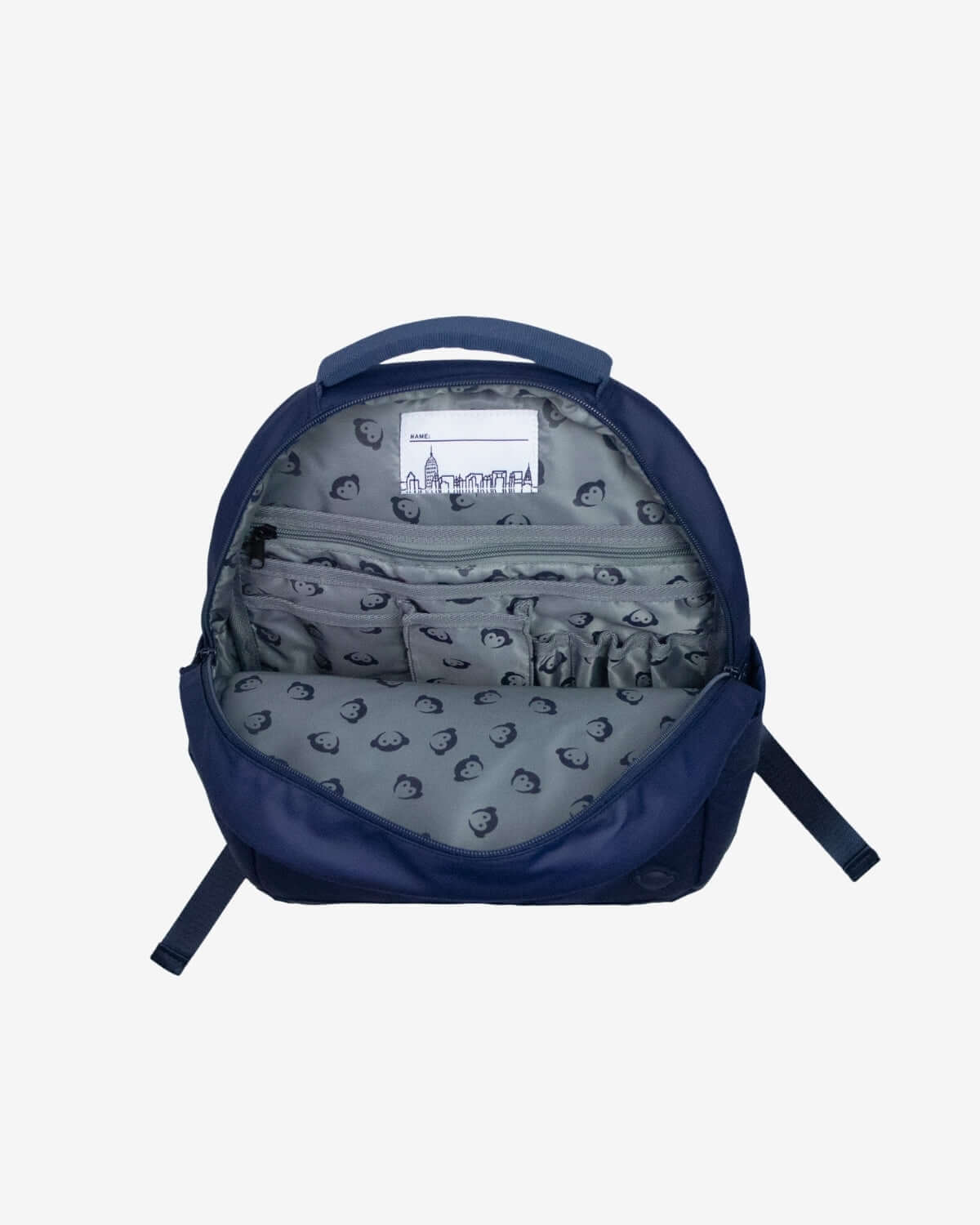 Navy blue backpack with gray interior on a white background