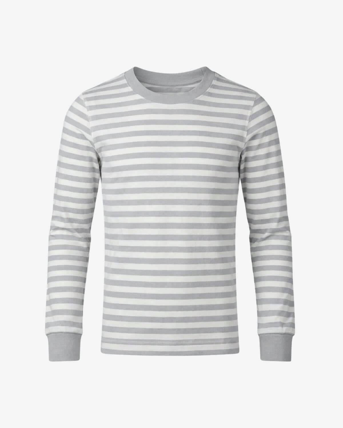 Gray and white striped long-sleeve shirt on a light gray background