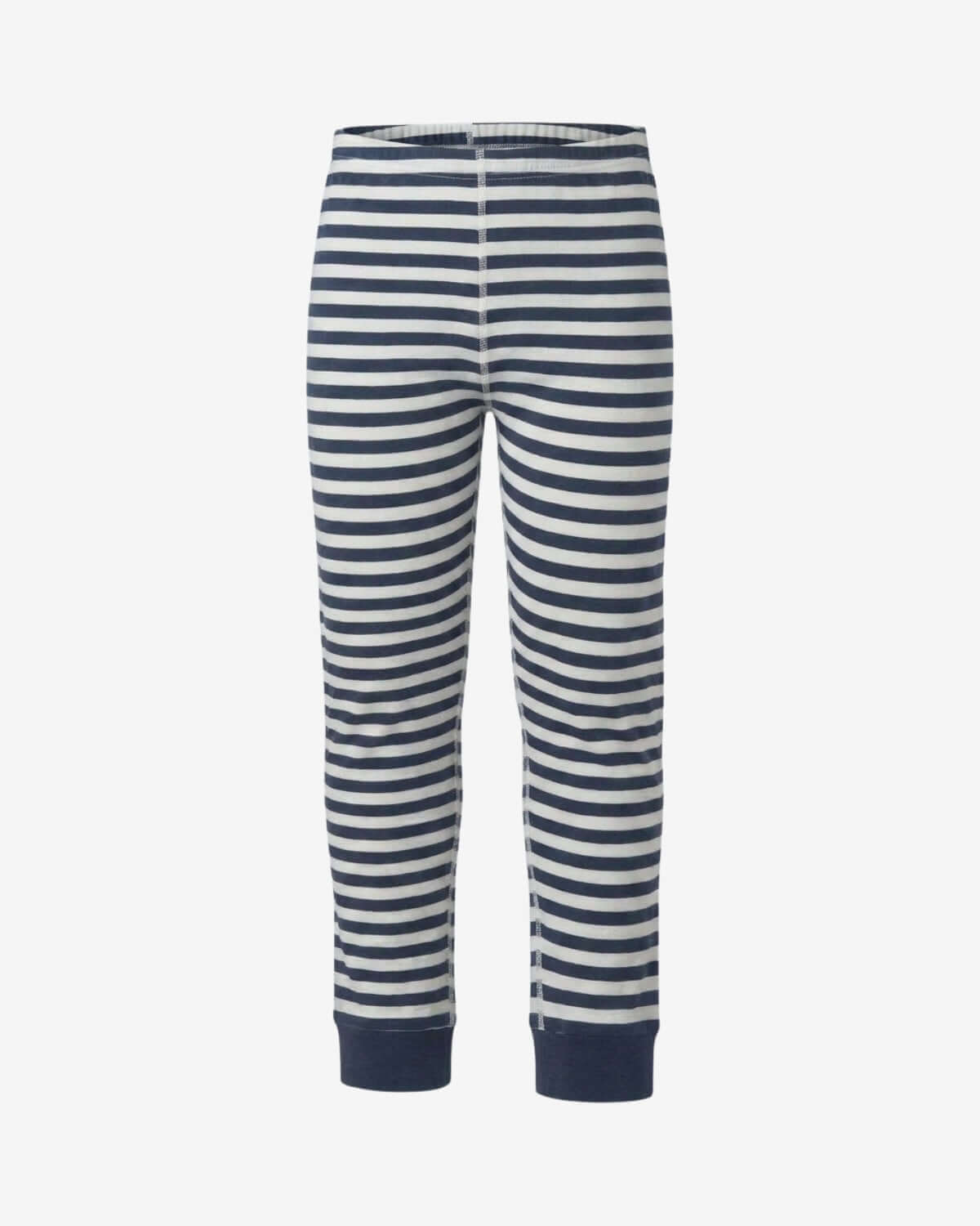 Navy and white striped pants on a light gray background