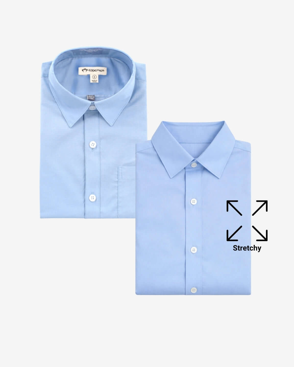 Light blue dress shirt with stretch feature indicated on a white background