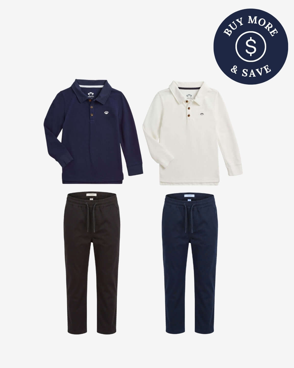 The Schoolyard Uniform Bundle featuring two polos and two pairs of stretch pants in navy and black.