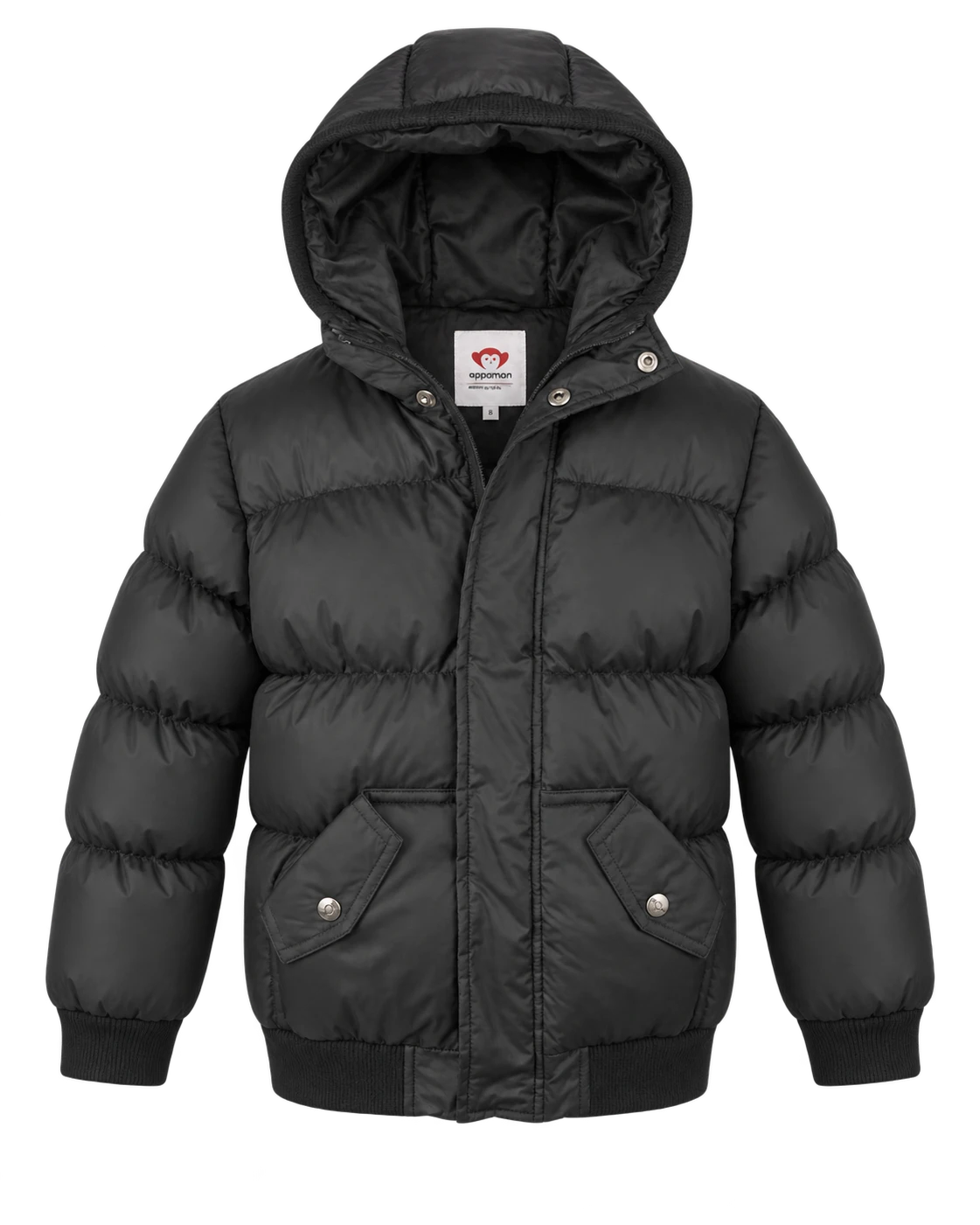 Appaman boys' black hooded puffer bomber jacket, front view.