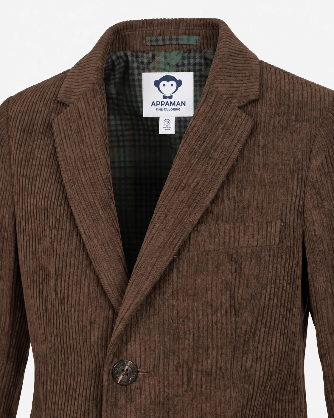 Appaman boys' brown corduroy blazer, close-up of plaid lining and collar detail.
