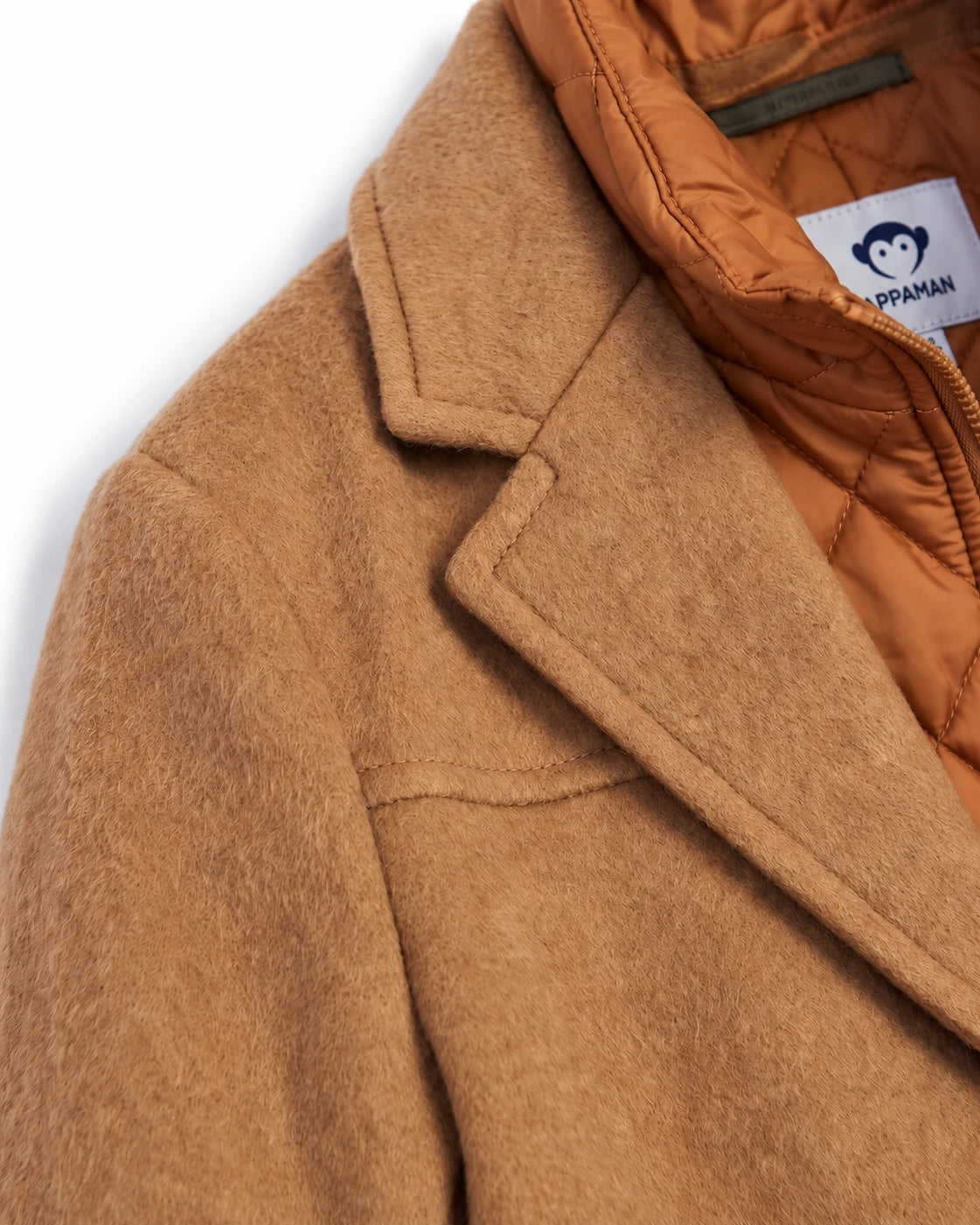 Appaman boys' camel wool coat, close-up of lapel detail with zip-in liner.
