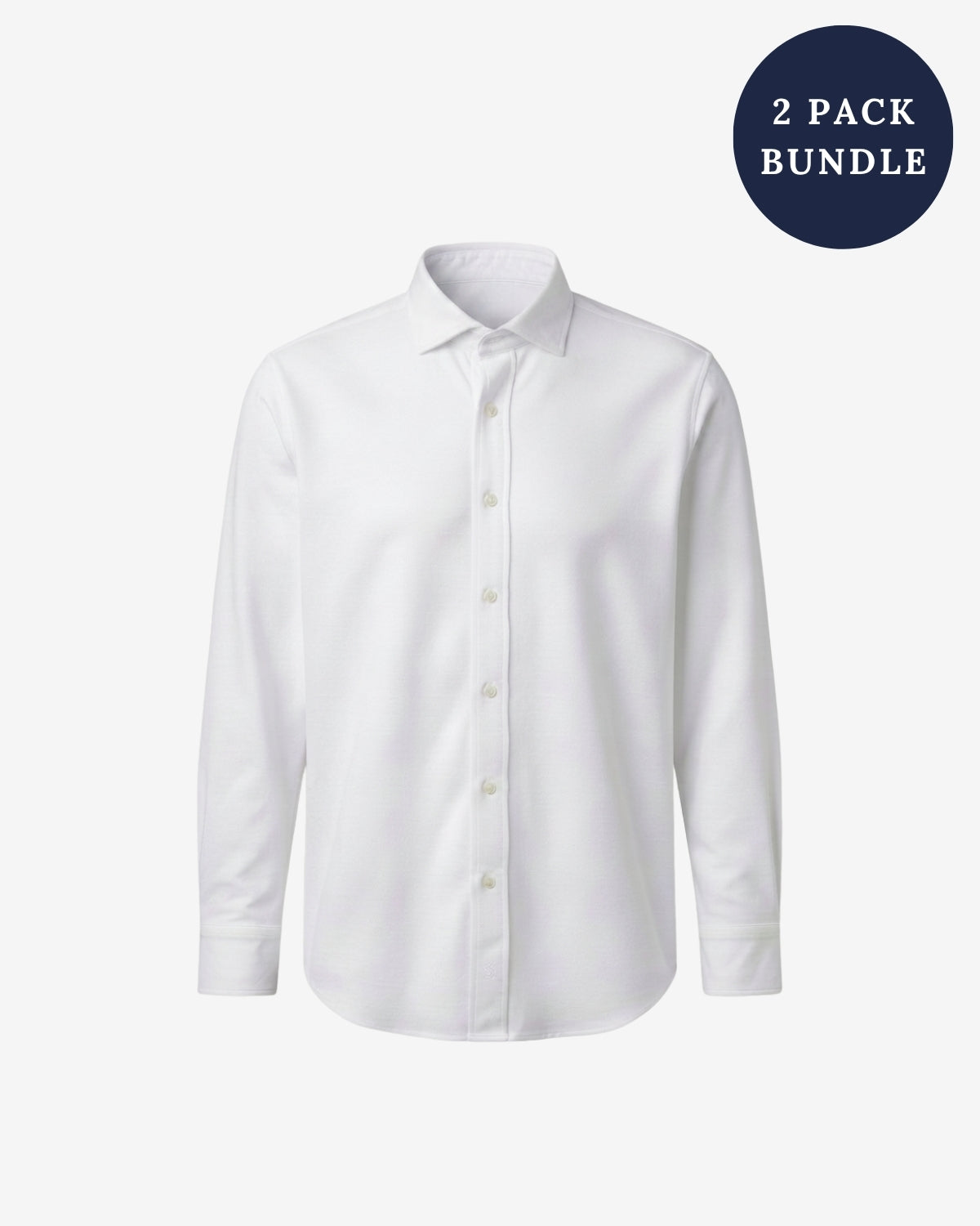 A white long-sleeve button-up dress shirt shown on a light gray background, with a dark blue circular badge in the top right that reads '2 PACK BUNDLE'.