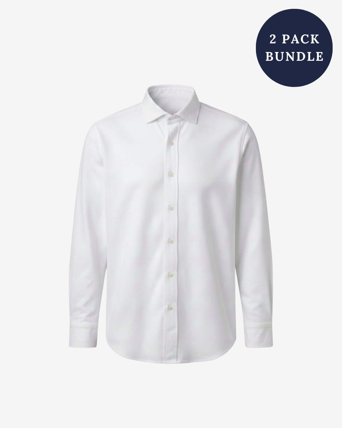 A white long-sleeve button-up dress shirt shown on a light gray background, with a dark blue circular badge in the top right that reads '2 PACK BUNDLE'.