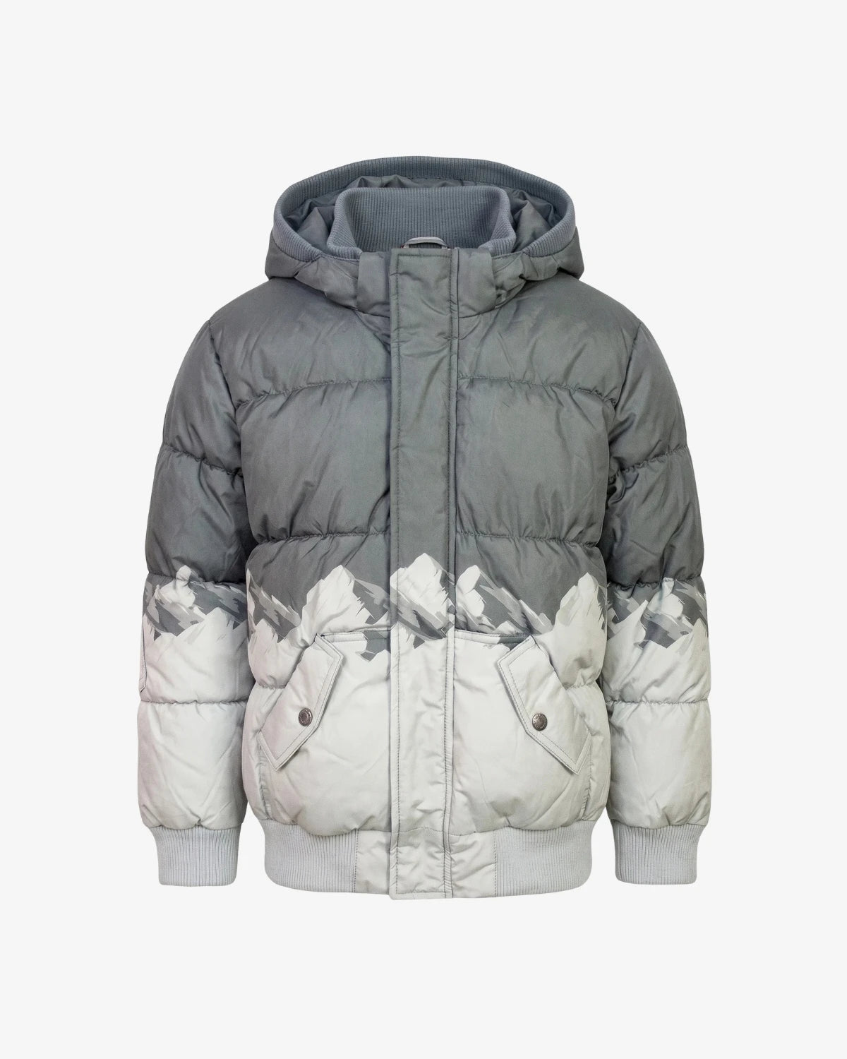 Appaman boys' grey mountain print puffer bomber jacket, front view.