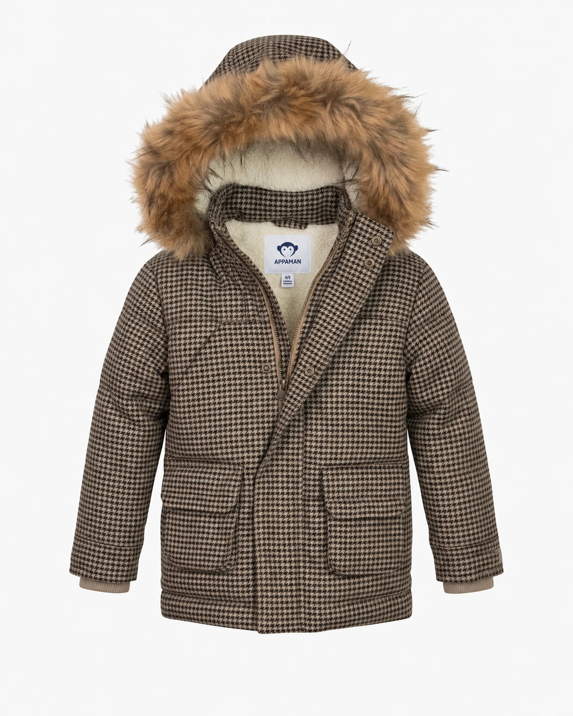 Appaman boys' houndstooth parka jacket with faux fur hood, front view.