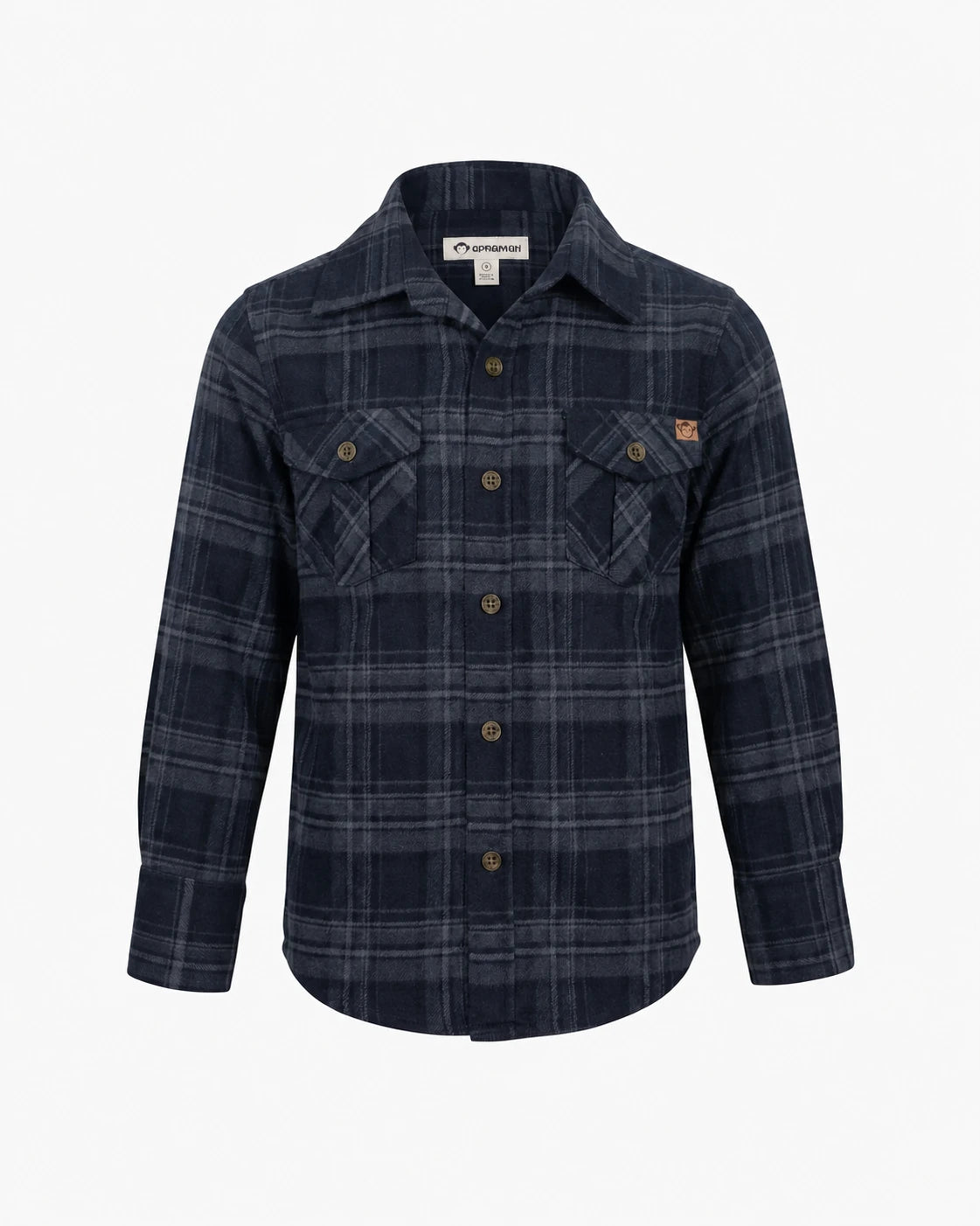 Appaman boys' navy plaid flannel shirt, front view.