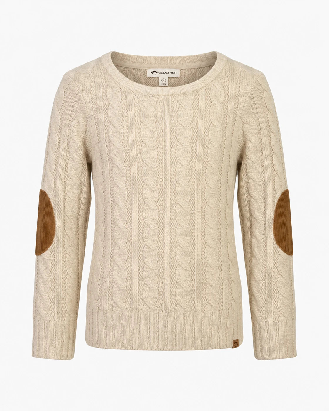 Appaman boys' oatmeal cable knit elbow patch sweater, front view.
