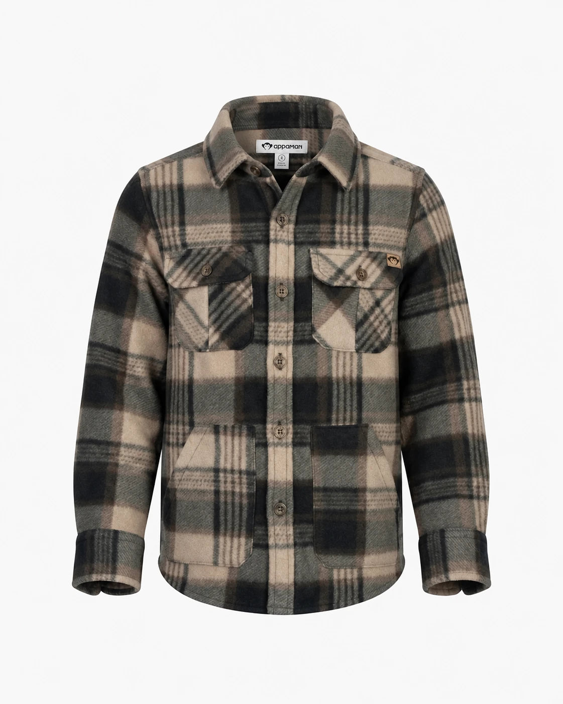 Appaman boys' tan plaid flannel shirt jacket, front view.