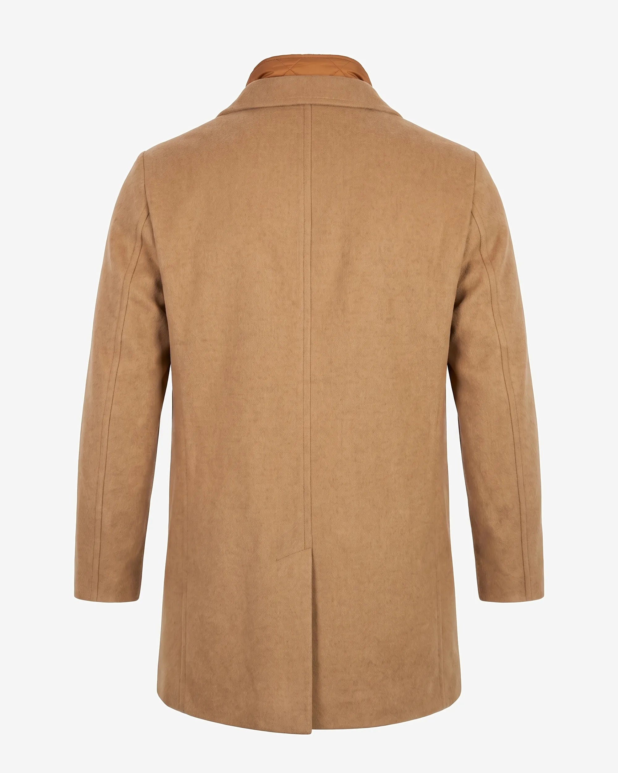 A tan wool-blend blazer shown from the back, featuring a clean collar, long sleeves, and a straight silhouette against a light gray background.